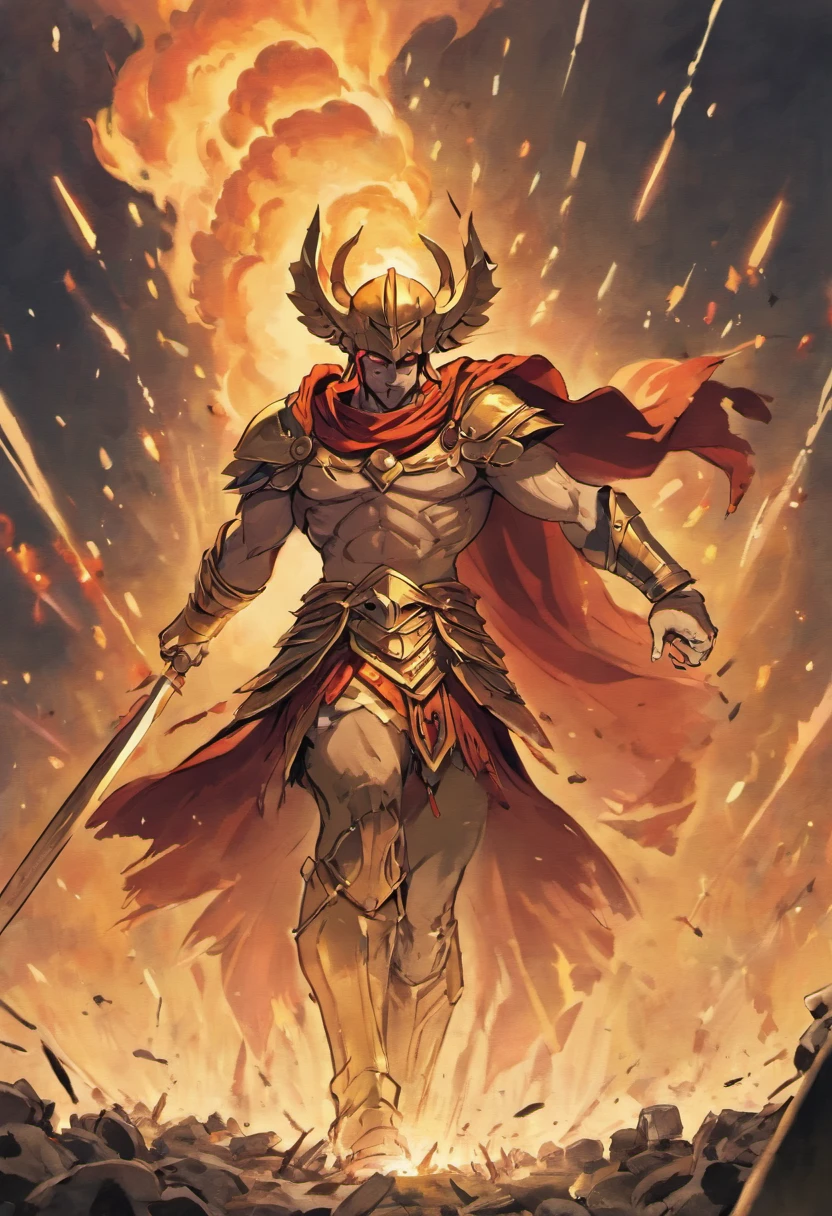 spartan warrior fighting at the Battle of Thermopylae, in the style of gritty horror comics, dark red and gold, dc comics, inkblots, intricate use of hatching, golden palette, strong emotional impact