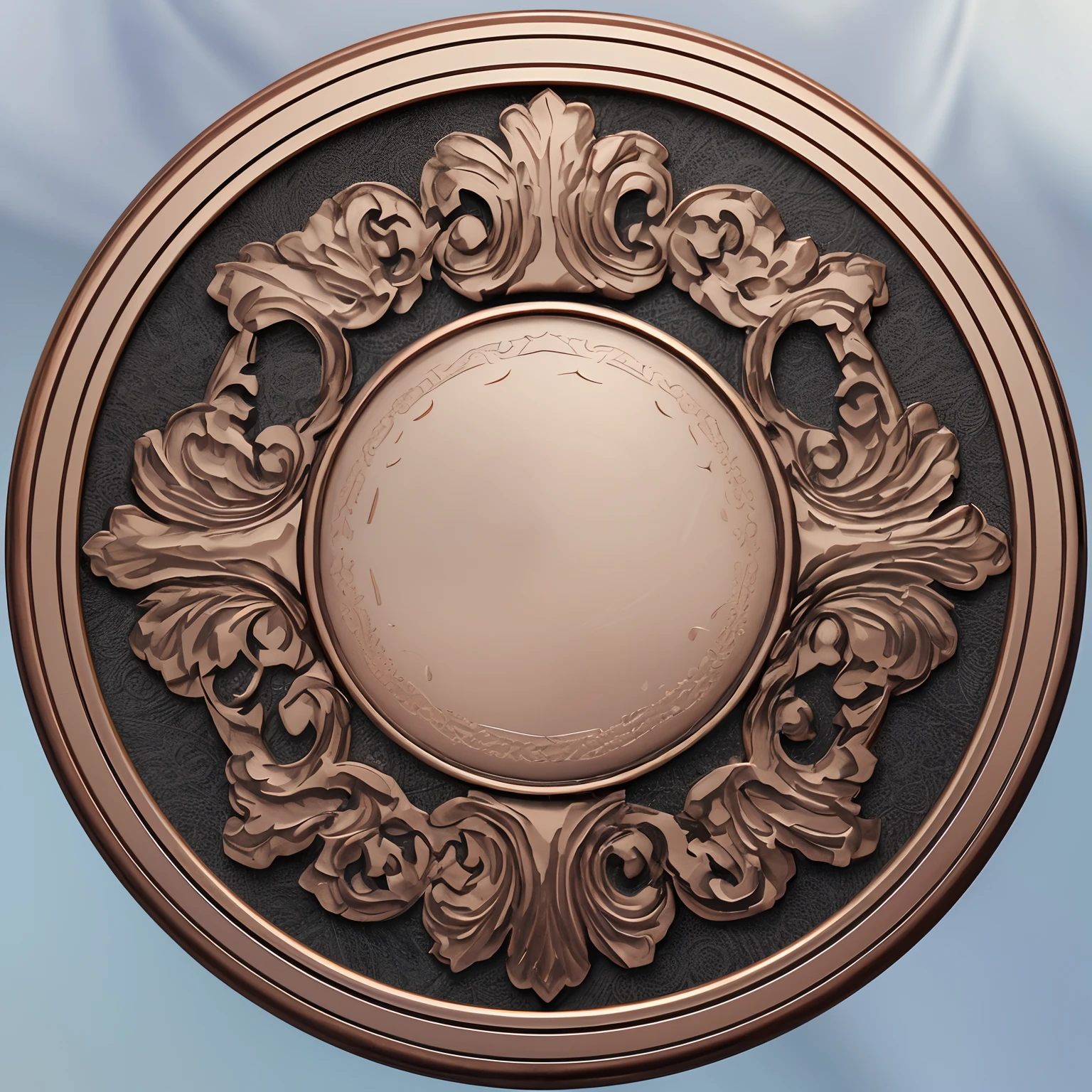 Close-up of decorative metal objects of circular design, medal, Sage scroll, ornate decoration, detailed carved ornaments, Classic decorative design, hyper detailed ornament, with ornamental edges, Intricate copper details, highly detailed texture render, Sage scroll, depicted as a 3 d render, Bronze material, shield design, medallions, circular design