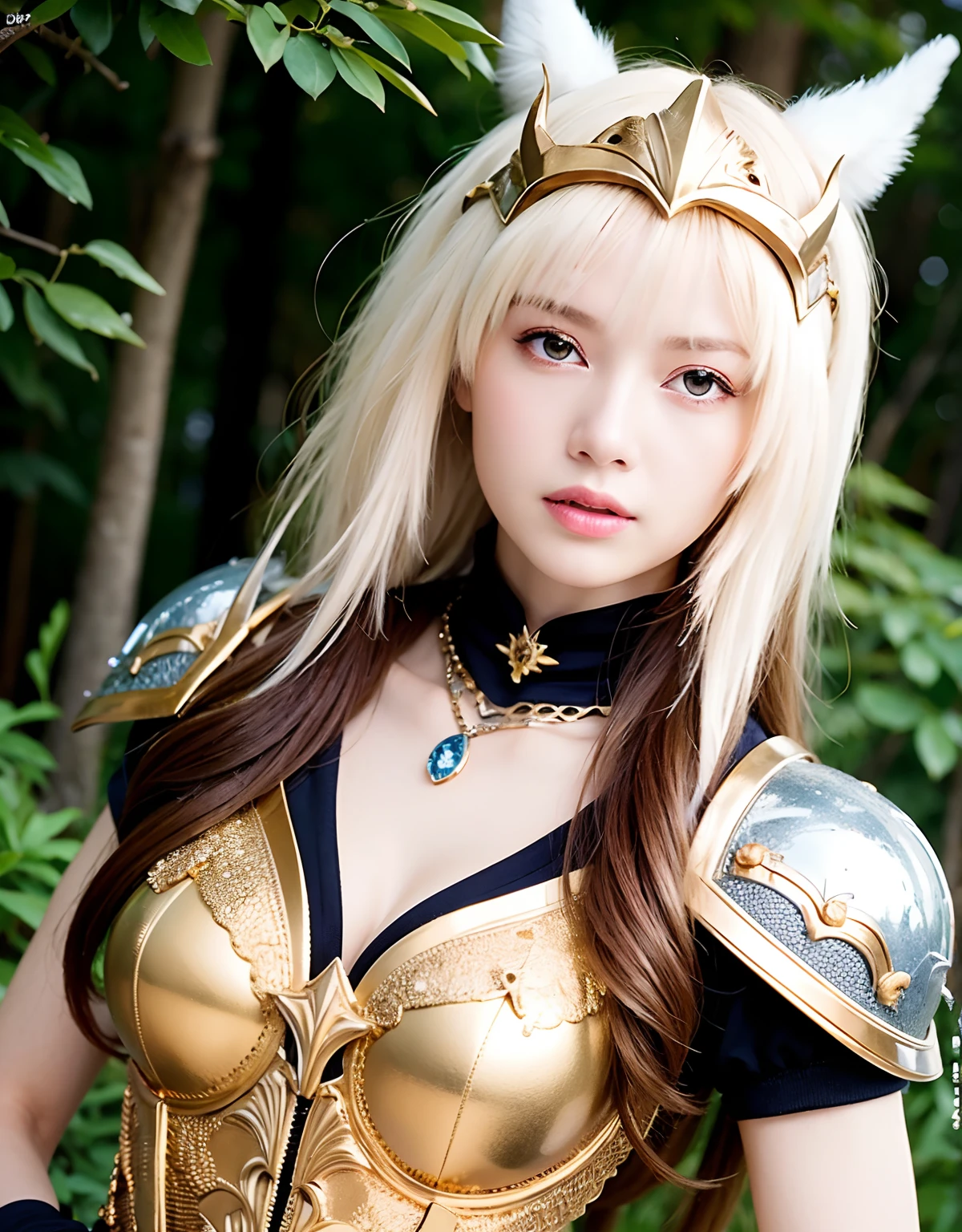 Professional , masterpiece、top-quality、photos realistic , depth of fields ,top-quality、masterpiece、超A high resolution、(Photorealsitic:1.4)、Raw photo、1a person、(Wind element),close-up,dream magical,tornado,Lightning,cleavage of the breast、Castle background,(Gemstone Gold Jewel Body:1.6),(Matte White、Jewel Gold Weapon_、(Silver Metal Body:1.4),Gorgeous Jewel Metal Weapons ,(( Detailed Sword of the Brave)) ,(Stand in front of the dragon)、(magic circles、Magic Chanting)、 Castle background ,warhammer 40k ,,Wear a gorgeous jewel helmet with attention to detail、Brown hair、((Gangle's forest background))、Beautiful Caucasian beauty、1a person、dynamic ungle,(((Legendary Armor Jewelry Helmet)))、Particles of light、cleavage of the breast、Battle Pose、Mystical expression、