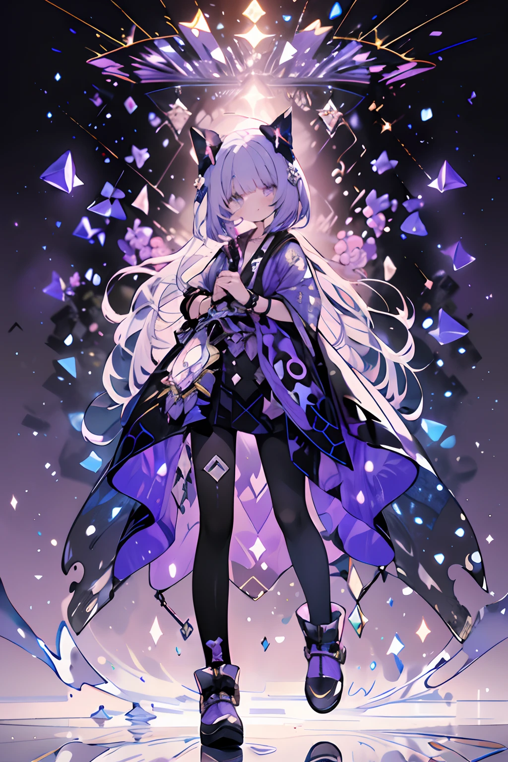 (Background Light Purple:1.4),(Nature illustration:1.3,paper art:1.3, Quilted Paper Art:1.2),(Clear lines, High Sharpness,Best Quality, Very detailed, masutepiece, Movie Light Effects, 4K )(Particles of light:1.0)Background with、Purple petals、long、Purple ribbon on clothes、a cool、Cool Girl、lightsmile、Idol motifs、Purple Theme、Idol、Cool Idol、Idol Costumes、Hold the microphone、full body Esbian、bow ribbon、Purple Knight、stele、Purple idol costume、spot light、Cool smile