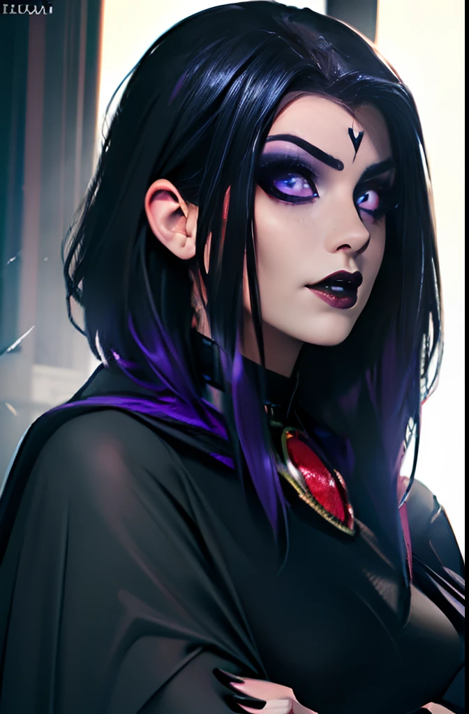 (Best Quality, 8k, 32k, Masterpiece, UHD:1.3), (Photo of Attractive Caucasian Gothic model Woman with tattoos), 1 Girl cosplaying Raven, heavy makeup ,  cape, choker,very pale skin,Ultra Detailed Face, Detailed Lips, Fine Eyes, black lipstick, Fine Eyes, double eyelids