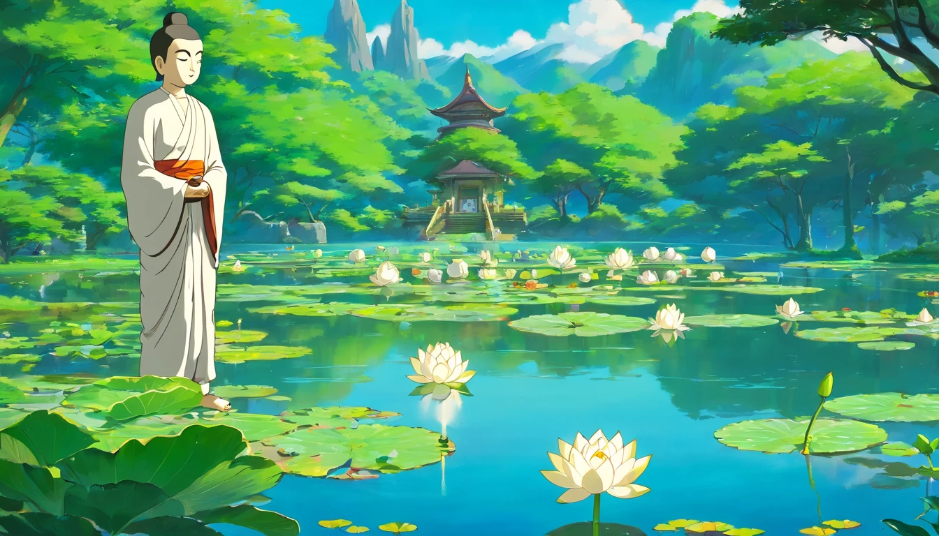 Buddha standing by a pond with a floating white lotus flower