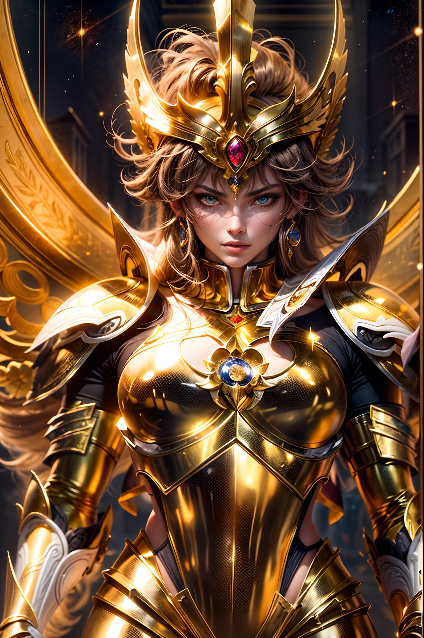 a beautiful female saint seiya, seductive body,In a bright movie light, a highly detailed depiction of Saint Seiya in their iconic Gold Armor stands out. The armor shines brilliantly with a realistic and hyper-realistic level of detail, accentuating every piece and intricacy. The Saint Seiya character stands tall, emanating a sense of power and determination, with their eyes gleaming and their lips delicately carved. The entire scene is set against a clean background, allowing the viewer's attention to be solely focused on the protagonist and their gold armor. The universe serves as the backdrop, with nebulae and stars filling the sky, creating a sense of awe and grandeur. The colors in the scene are bright and vivid, contributing to the overall visual impact. The lighting is expertly executed, highlighting the protagonist and capturing the essence of the original Saint Seiya series. The image is of the highest quality, with a resolution of 8k, ensuring every minute detail is visible. This artwork is trending and showcases the talent of the artist in creating a highly detailed and visually captivating representation of Saint Seiya in their Gold Armor.