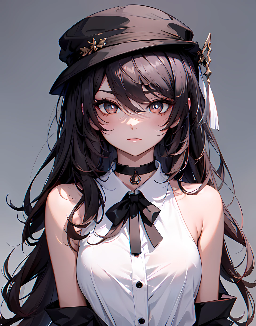 (best quality:1.1), (masterpiece:1.2), 1girl, high quality shadow, ((beautiful detailed)), (high detailed skin, skin details), (wide landscape, 8k), beautiful face, (detailed eyes), depth of field, dramatic light, best quality, highres, ((best shadow)), hu tao(genshin impact), boo tao, symbol shaped pupils, hat, smile, blush, white shirt, medium breast, black tie, black choker