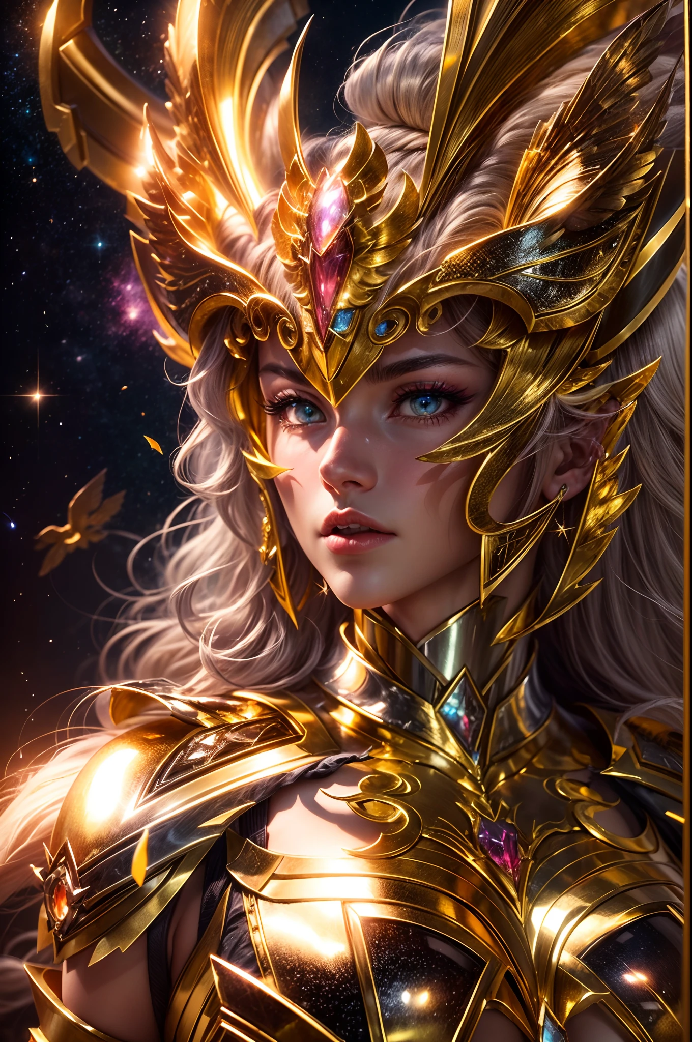 a beautiful female saint seiya, seductive body,In a bright movie light, a highly detailed depiction of Saint Seiya in their iconic Gold Armor stands out. The armor shines brilliantly with a realistic and hyper-realistic level of detail, accentuating every piece and intricacy. The Saint Seiya character stands tall, emanating a sense of power and determination, with their eyes gleaming and their lips delicately carved. The entire scene is set against a clean background, allowing the viewer's attention to be solely focused on the protagonist and their gold armor. The universe serves as the backdrop, with nebulae and stars filling the sky, creating a sense of awe and grandeur. The colors in the scene are bright and vivid, contributing to the overall visual impact. The lighting is expertly executed, highlighting the protagonist and capturing the essence of the original Saint Seiya series. The image is of the highest quality, with a resolution of 8k, ensuring every minute detail is visible. This artwork is trending and showcases the talent of the artist in creating a highly detailed and visually captivating representation of Saint Seiya in their Gold Armor.