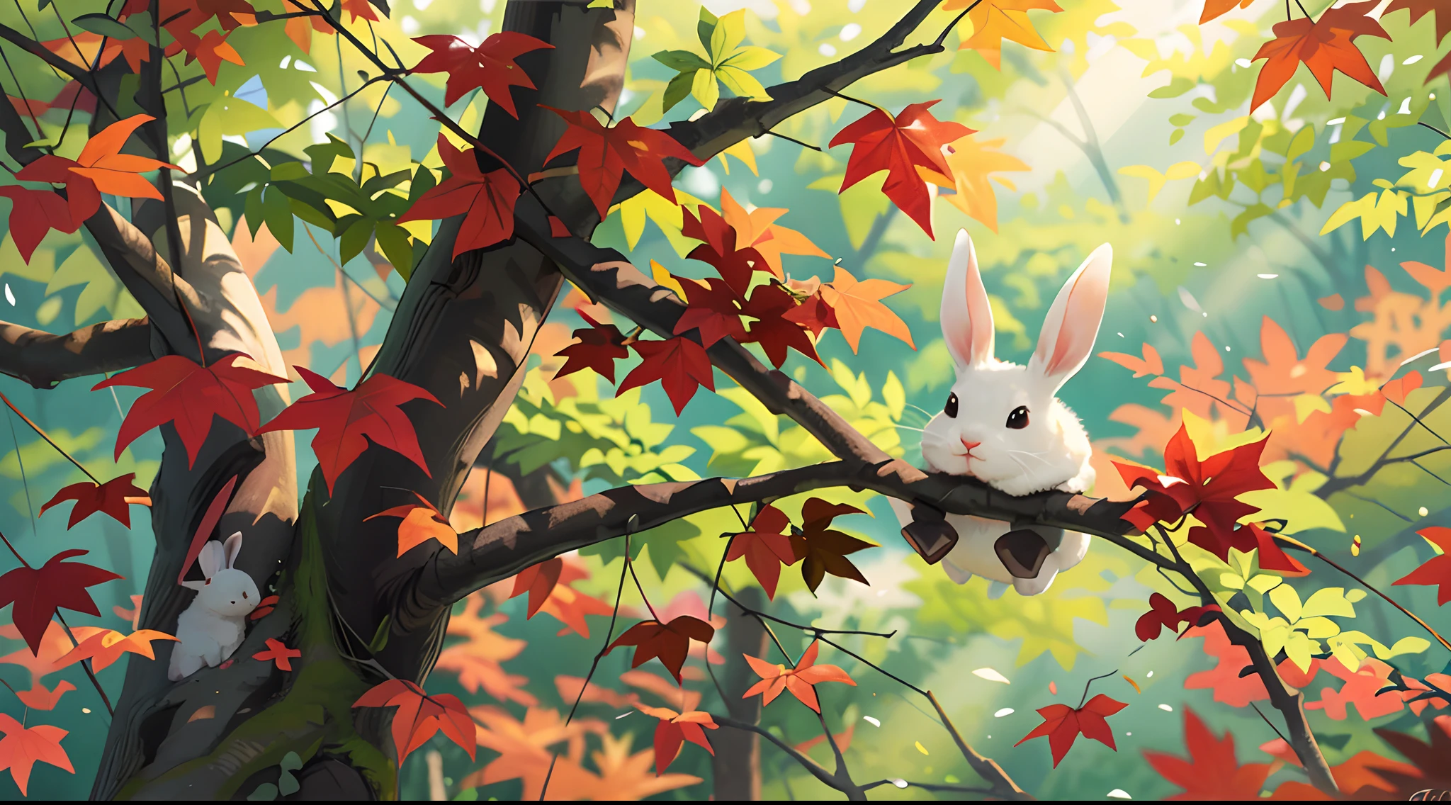 a closeup shot a white rabbit peeking behind a maple tree in the middle of a maple forest while the leaves are falling, natural lighting