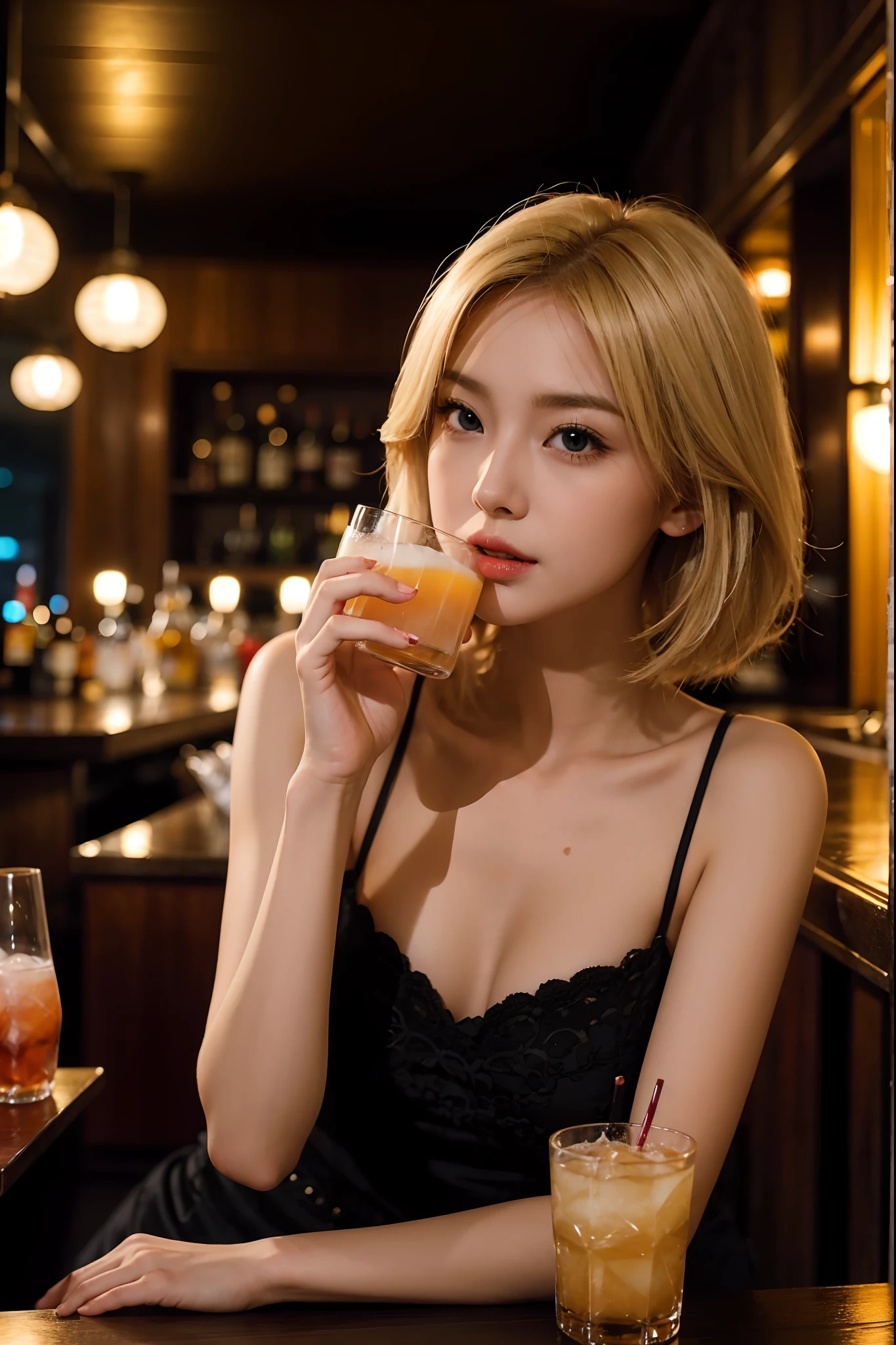 Blonde Beauty、Girls Bar、Beautiful woman drinking alcohol in bar、Night Bar、Dark Bar、Beautiful beauties、Cocktail drinking beauty、a blond、short-hair