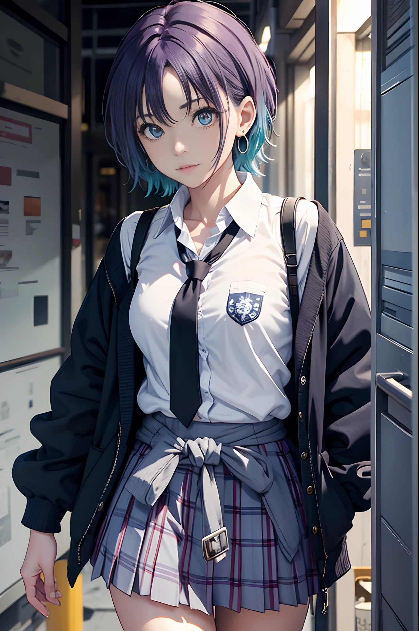 Toru Accra, Toru Asakura, Blue hair, earrings, Gradient Hair, multicolored hair, Parted bangs, Purple hair, Break Cardigan, Cardigan around the waist, clothes around waist, loose necktie, Open collar, Plaid, plaid skirts, Pleated skirt, School uniform, Skirt, sleeves rolled up, wristbands, BREAK looking at viewer, BREAK (masutepiece:1.2), Best Quality, High resolution, Unity 8k壁纸, (Illustration:0.8), (Beautiful detailed eyes:1.6), extra detailed face, Perfect Lighting, extremely details CG, (Perfect hands, Perfect Anatomy),