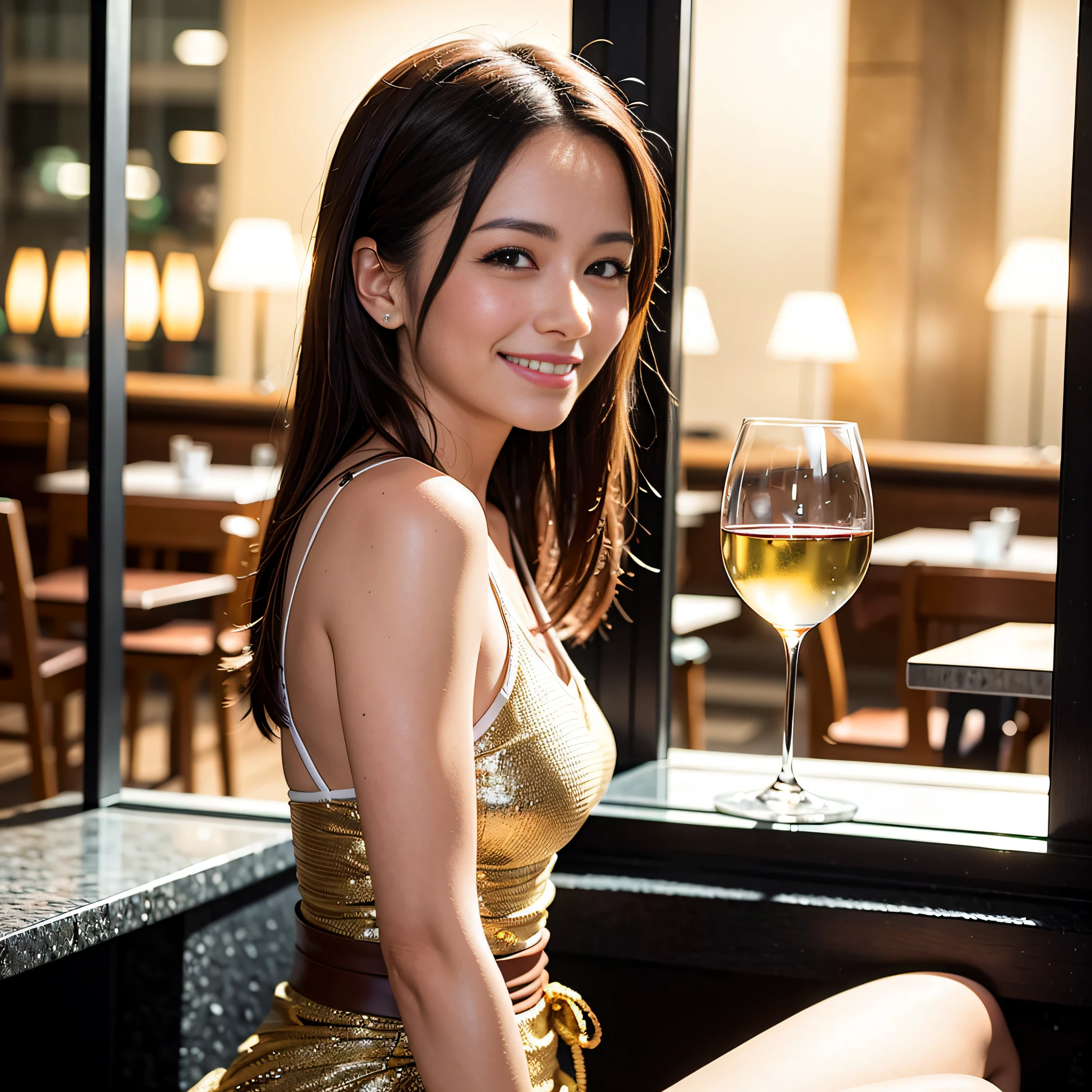 (64K, UHD, top quality, masterpiece: 1.2), (realistic, photorealistic: 1.37), super detailed, pretty woman 1 person, (slim face), (slim body), (brown hair), (short cut), cheeks slightly blushing, (35 years old), 38 years old, solo, beautiful detailed urban night view outside the window, restaurant, wine glasses sit, at night, in a prominent place (from the waist up) NovaFrogStyle, Actress, Model, Waist Up, White Wine, Slim, Wine Glass, Super Clean Night View, Wine Glass Put in the Middle, Happy Smile, (Smile: 1.15), Beautiful Fine Eyes, Upper Body, Bust Japan Up, Night, Short, Short, Actress, Model, Waist Up, White Wine, Slim, Wine Glass, Super Clean Night View, Wine Glass Put in the Middle, Happy Smile,