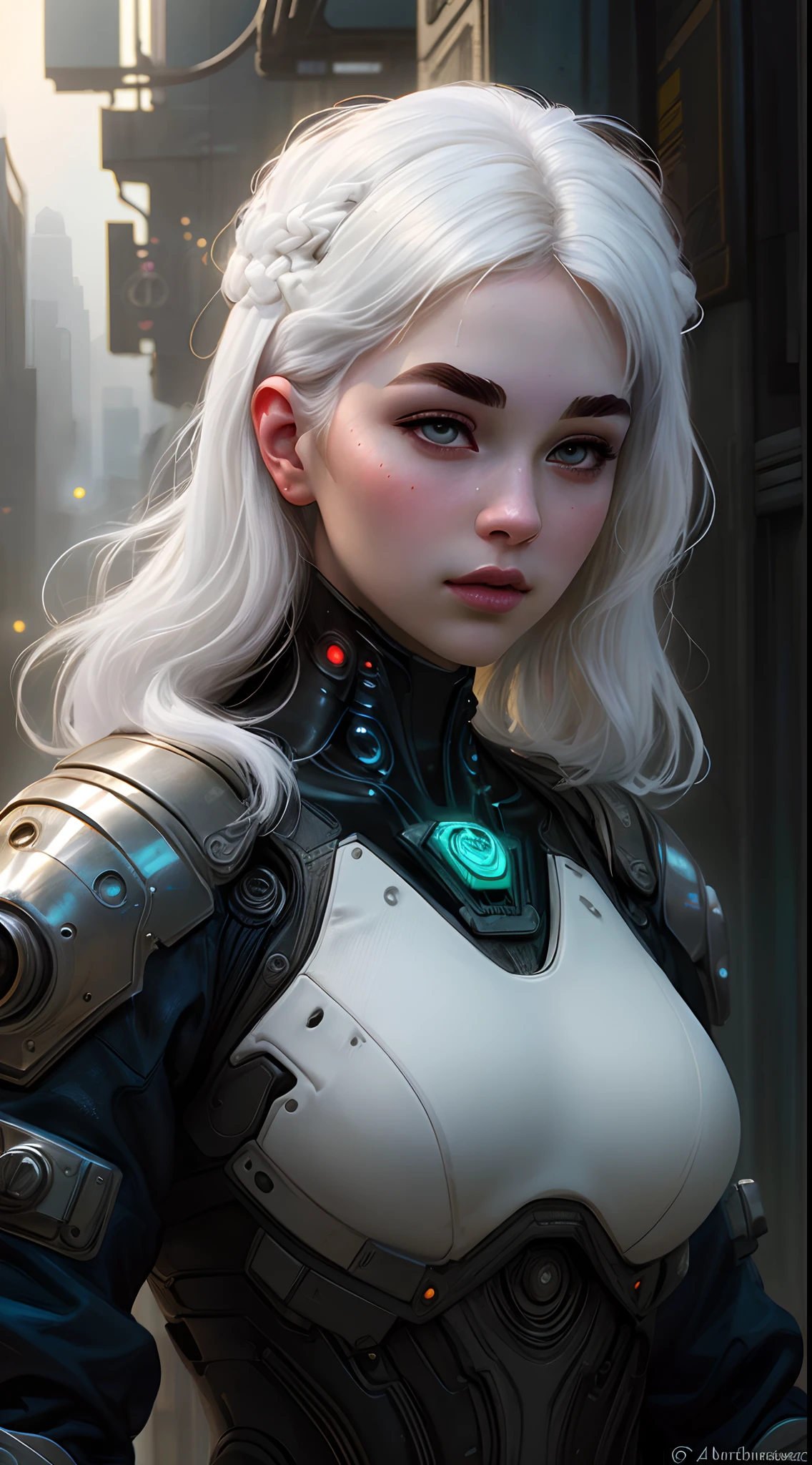Stunning photorealistic portrait oil painting of 1 beautiful cyberpunk girl, albino, white skin, white shapeless cyberpunk hair, ((((white eyebrows)))), baroque intricate cyber armor, solo, hyperdetailed painting, luminism, Bar lighting, complex, white eyebrows, 4k resolution concept art portrait by Greg Rutkowski, Artgerm, WLOP, Alphonse Mucha, realistic fantasy, fractal isometrics details bioluminescence, beautiful awesome, intricately detailed, cinematic, trending on artstation | Isometric | Centered hypereallistic cover photo awesome full color, dark, gritty, realistic, Alphonse Mucha, Gustav Klimt