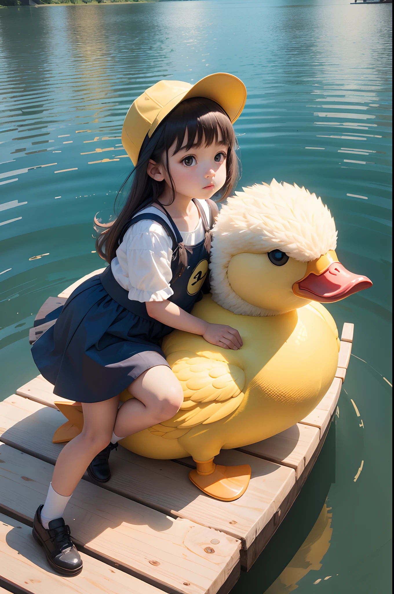 (8k, highest quality, best quality, masterpiece, highly detailed:1.2),
1girl, upper body, (( woman tugging at shirt with shy facial facial expression)), (looking away from viewer shy facial expression) blunt bangs with short messy black hair, (wearing big grey shirt with a rubber duck printed + and also  duck boxers on) ducks((shirt, shirt tug)), shy, half smile, midday, from above