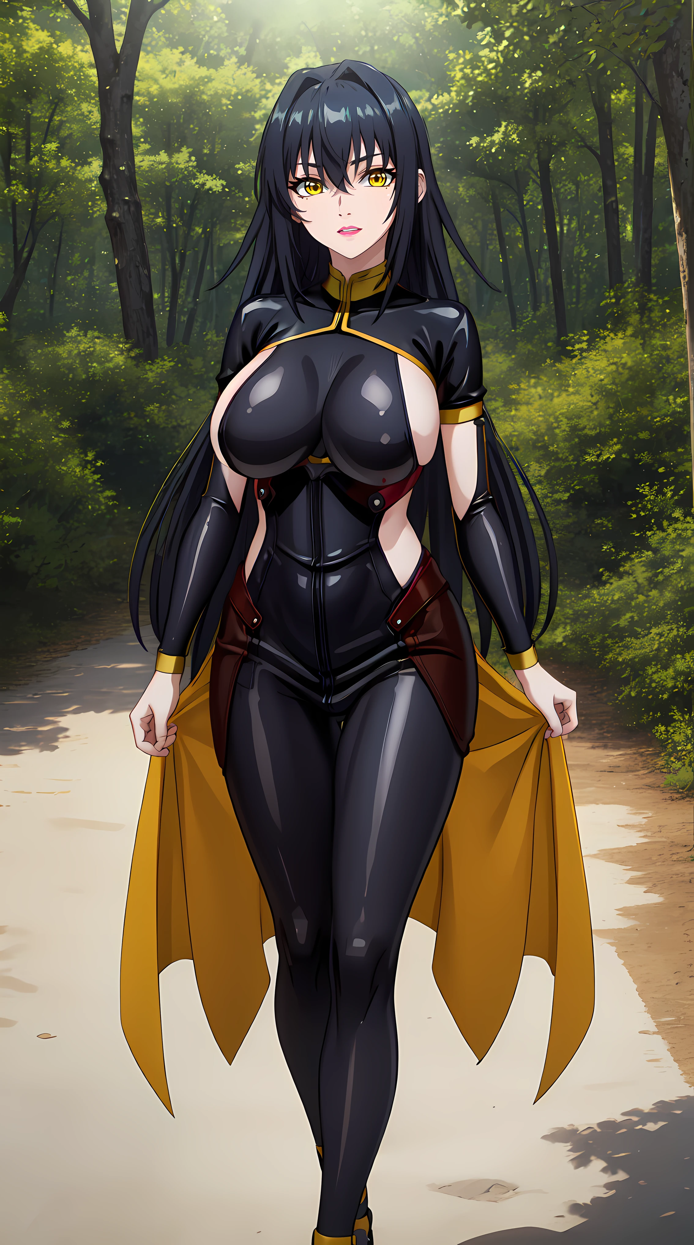 walking in forest at day background, trees, forest,
cowboy shot, Annerose,
bodysuit latex, sideboobs,black outfit, front view,
black_hair,yellow_eyes, long_hair, hair intakes,
1 girl, 35yo,mature female,Beautiful Finger,Beautiful long legs,Beautiful body,Beautiful Nose,Beautiful character design, perfect eyes, perfect face,
looking at viewer, standing at attention, (big_yellow_eyes:1.0),(beautiful smile:1.3), yandere,
NSFW,official art,extremely detailed CG 8k wallpaper, perfect lighting,Colorful, Bright_Front_face_Lighting,
(masterpiece:1.0),(best_quality:1.0), ultra high res,4K,ultra-detailed,
photography, 8K, HDR, highres, absurdres:1.2, Kodak portra 400, film grain, blurry background, bokeh:1.2, lens flare, (vibrant_color:1.2)
(Beautiful,large_Breasts:1.4), (beautiful_face:1.5),(narrow_waist),