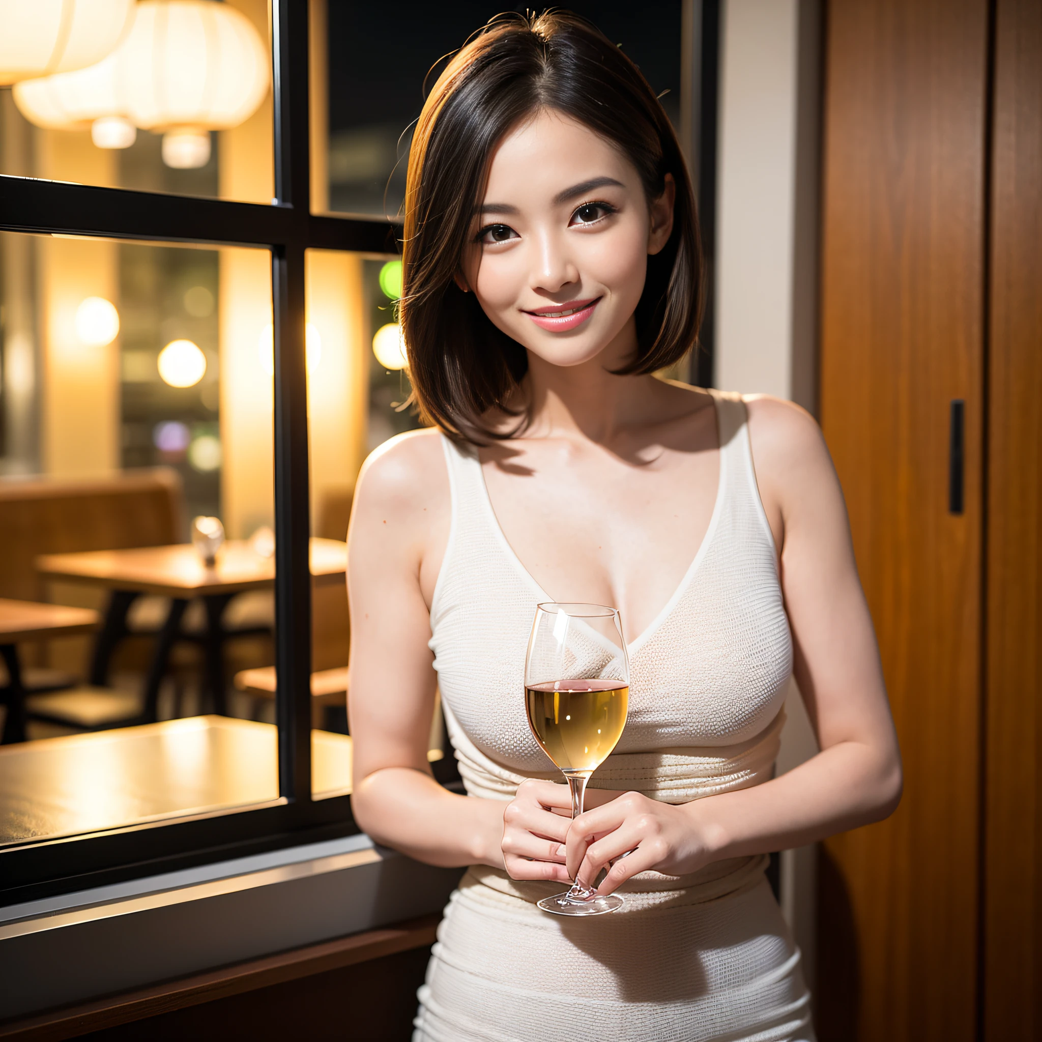 (10, UHD, top-quality, masterpiece: 1.2), (Realistic, photorealistic portrait: 1.37), Super Detailed, 1 beautiful woman, (slim face), (Slim body), (brunette hair), (short cut), Cheeks slightly reddened., (35 years old), 38 years old, bara, Detailed city night view outside the window, restaurant, Wine glass seat, at night, In a prominent place (From the waist upwards) NovaFrogStyle, actress, Model, Waist up, White Wine, slim, Wine Glass, Super night view, A wine glass is placed in the center., Happy smile, (smile: 1.15), beautiful fine eyes, Upper body, Japanese Breasts Up, nighttime, short, short, actress, Model, Waist up, White Wine, slim, Wine Glass, Super night view, A wine glass is placed in the center., Happy smile, naked
