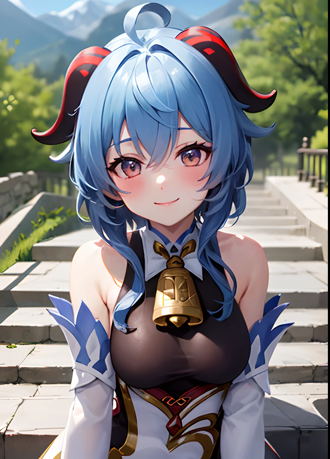 ganyudef, The upper part of the body, ssmile, Be red in the face, exteriors, In the daytime, simple backgound, blue-sky, short detailed hair, tongue out, saliva, tearing up, embarrassed, shy