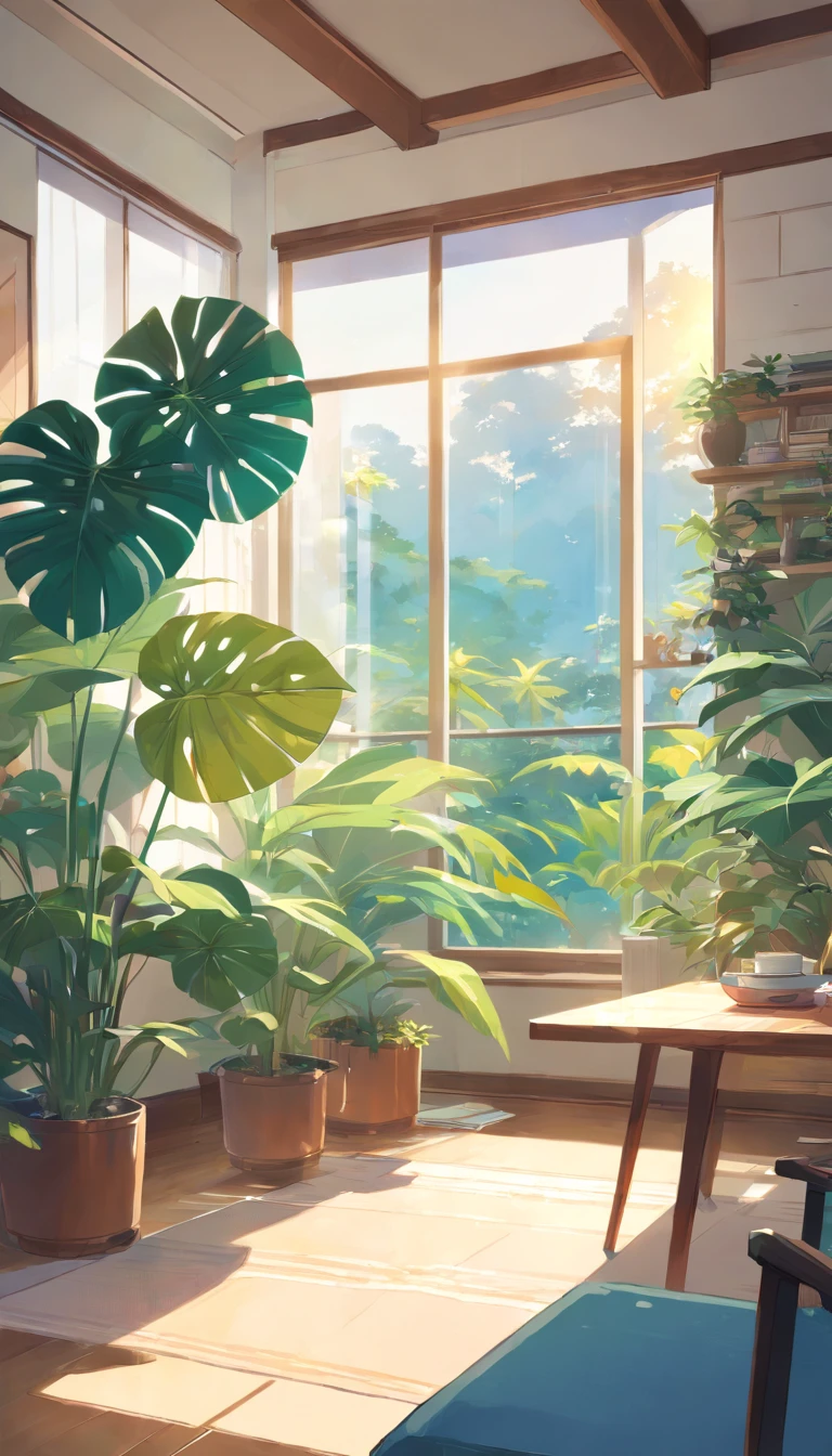 In the large bright living room,carding、Coffee table minimalist style,In the middle is a large pot of white monstera