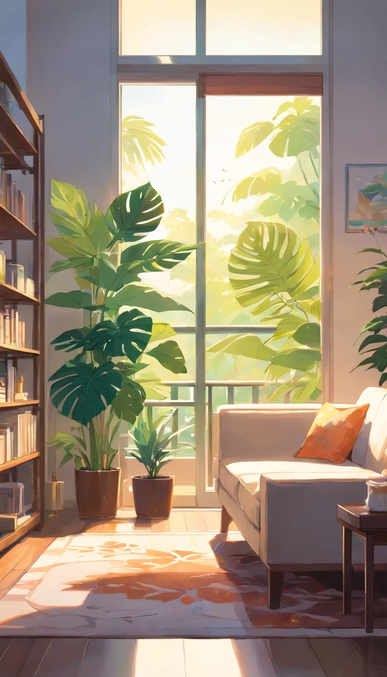 In the large bright living room,carding、Coffee table minimalist style,In the middle is a large pot of white monstera