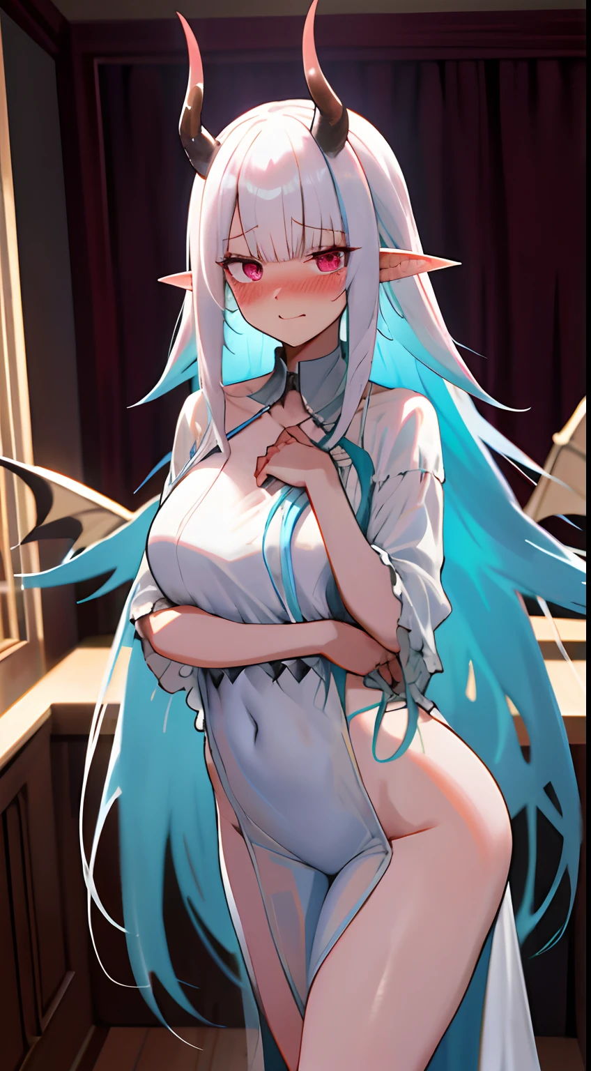 One girl with long hair, white hair, looking at viewer, embarrassed, blushing, indoor , oversized naked night gown, thigh, pointy ears, demon wings, demon king, demon horn, standing, sexy pose, perfect body, perfect waist