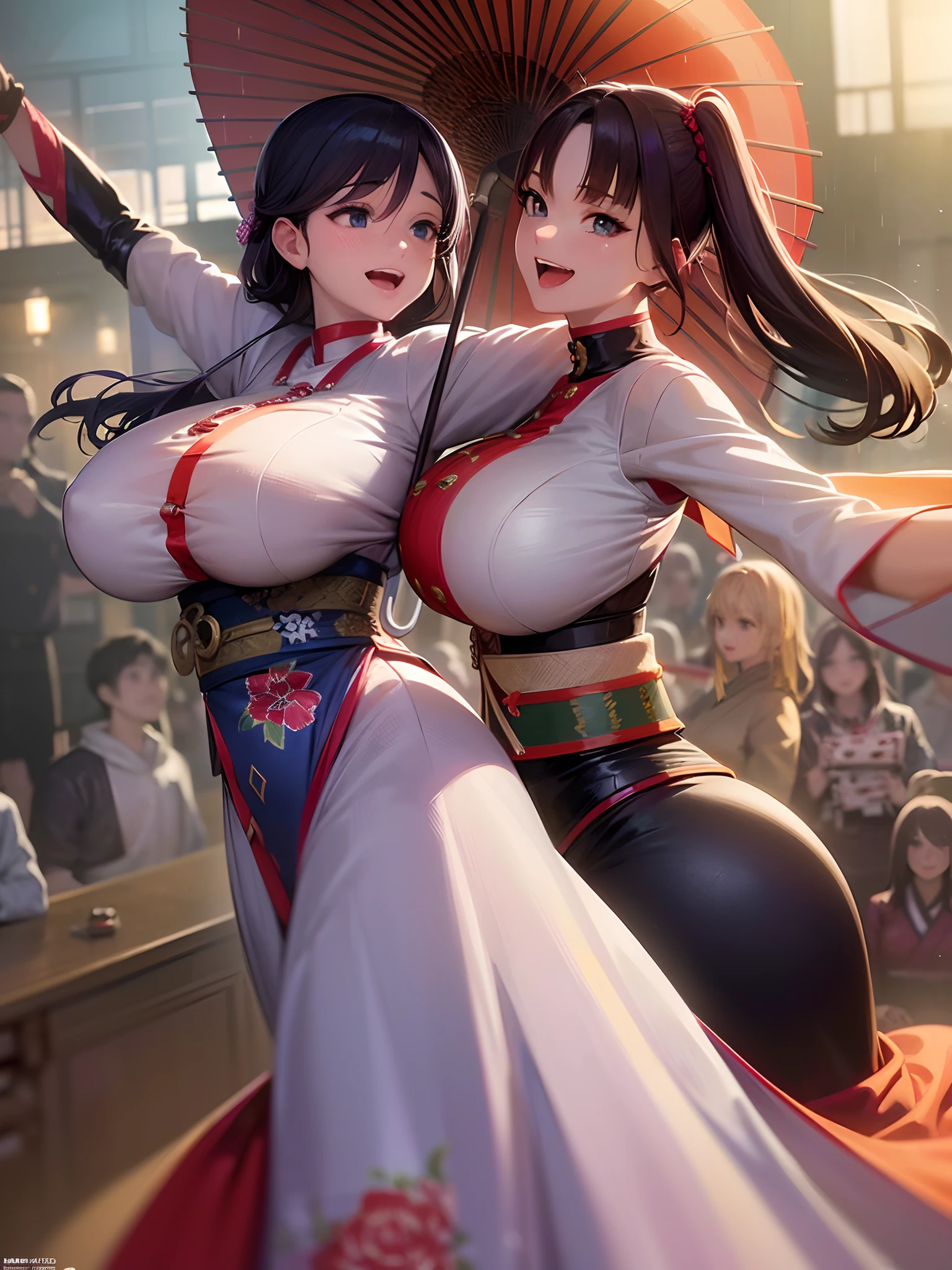 (A hyper-realistic), (Illustration), (High resolution), (8K), (Very detailed), (Best Illustration), (Beautiful and detailed eyes), (Best Quality), (ultra-detailliert), (master piece),Traditional Kyogen of Japan、((Two Dancing Women))、(huge-breasted:1.3),((holding umbrella))、Happiness Dance、celebration、Comedy stage、Comedians,A refreshing smile,(shine smile)