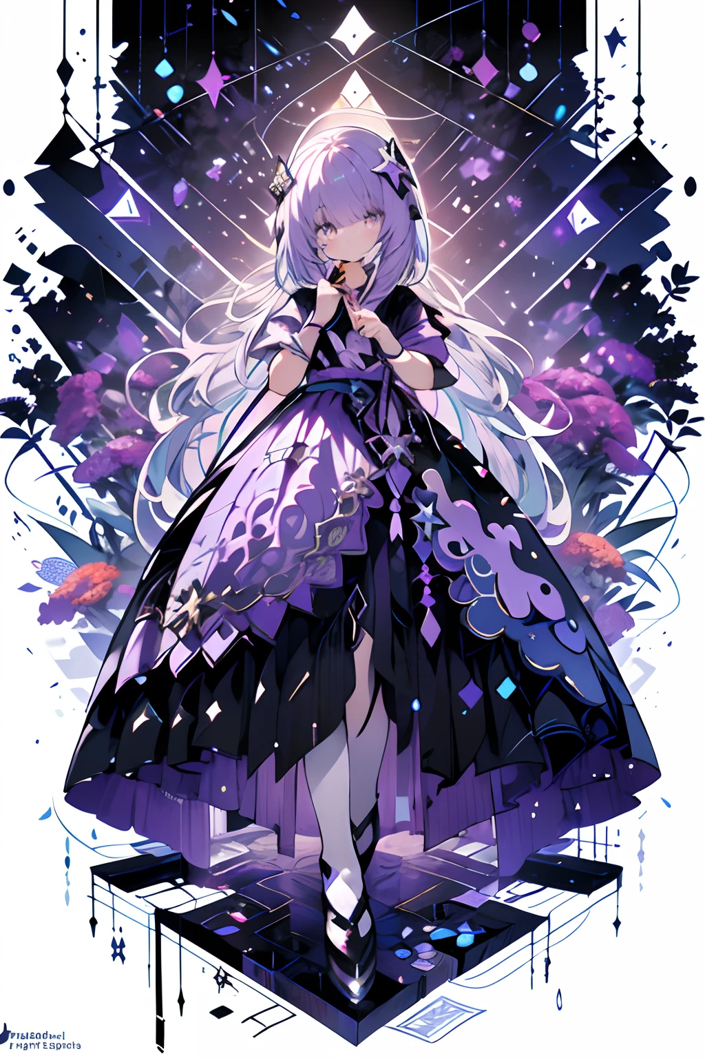 (Background Light Purple:1.4),(Nature illustration:1.3,paper art:1.3, Quilted Paper Art:1.2),(Clear lines, High Sharpness,Best Quality, Very detailed, masutepiece, Movie Light Effects, 4K )(Particles of light:1.0)Background with、Purple petals、long、Purple ribbon on clothes、a cool、Cool Girl、lightsmile、Idol motifs、Purple Theme、Idol、Cool Idol、Idol Costumes、Hold the microphone、full body Esbian、bow ribbon、Purple Knight、stele、Purple idol costume、spot light、Cool smile、Detailed picture、high-level image quality