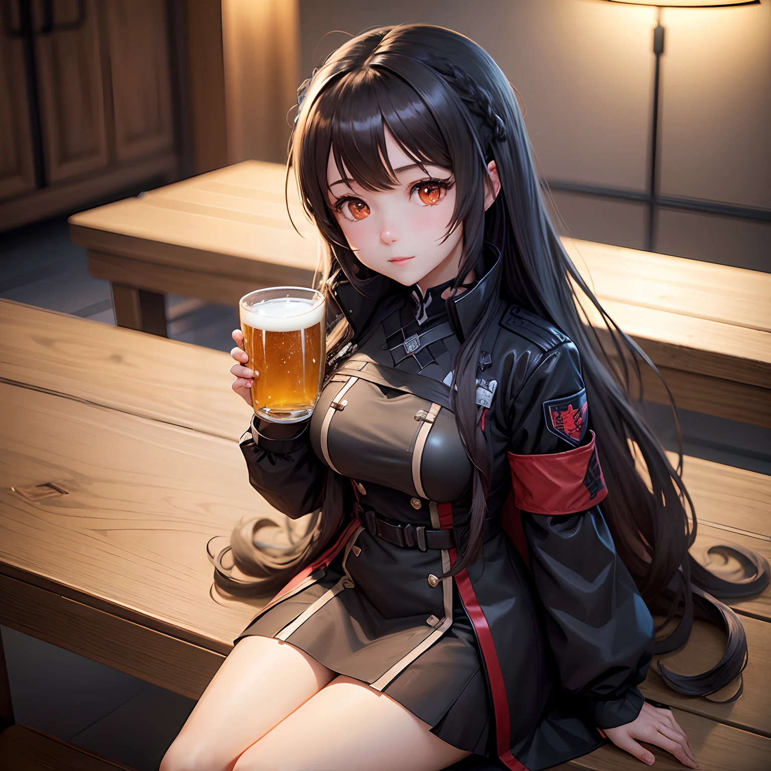 Long dark-haired anime girl sitting at table with beer mug, visual novel cg, hololive, visual novel, girls frontline style, ; visual novel, anime moe art style, girls frontline cg, live2d virtual youtuber model, my dress up darling anime, from girls frontline, Fine details. girls' frontline, in-game, Anime visuals of cute girls，Play games