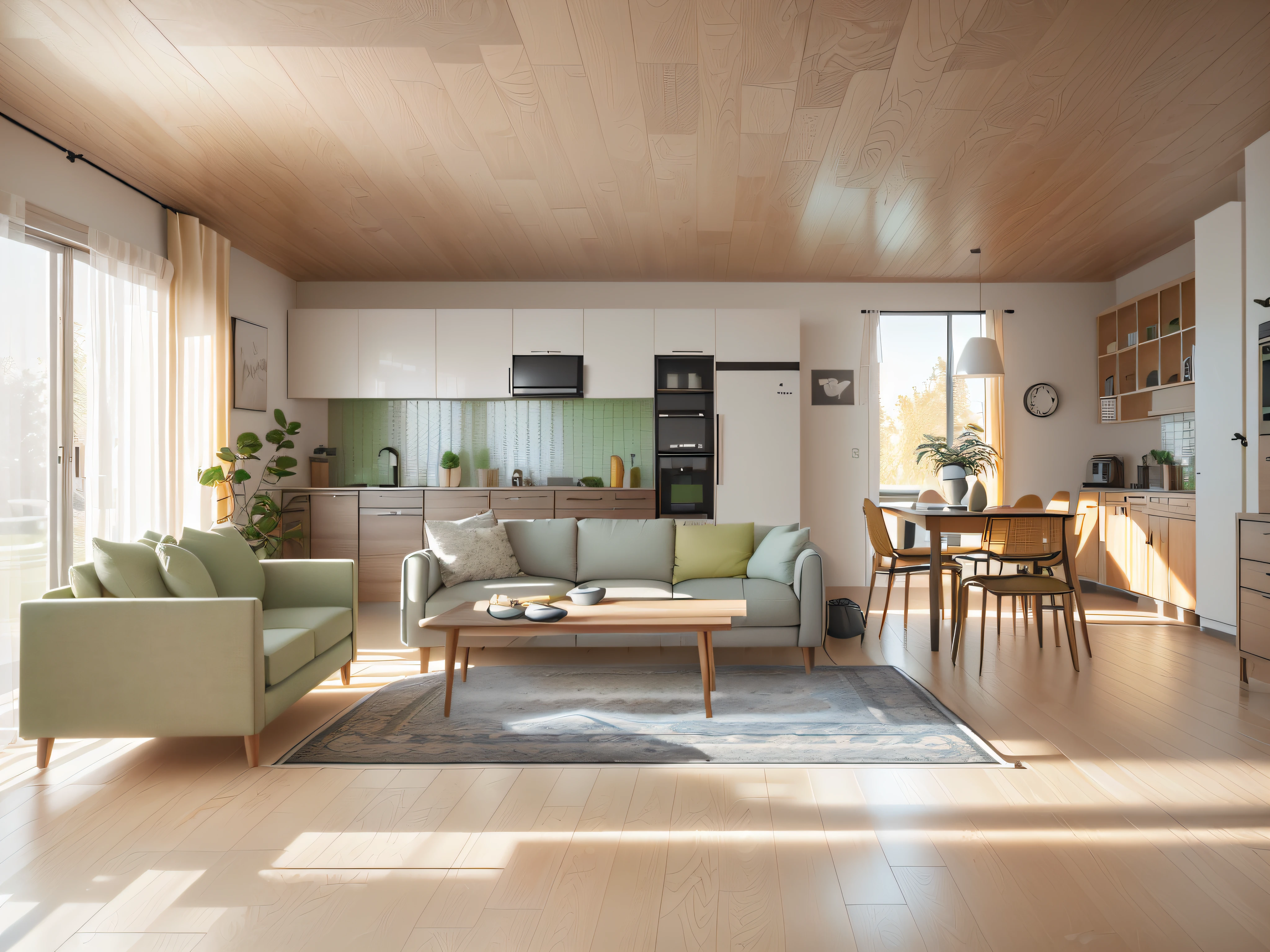 Living room with sofa, chairs, and table, architectural visualization, realistic physical rendering, rendered in Coronavia style, Scandinavian design, warm interiors, award-winning rendering, realistic afternoon lighting, warm furniture, rendering in Unreal Engine 6, soft natural volumetric lighting, bright rendering, highly detailed interior with green plants, ceramic vases, warm interiors, rendered in Unreal Engine 5