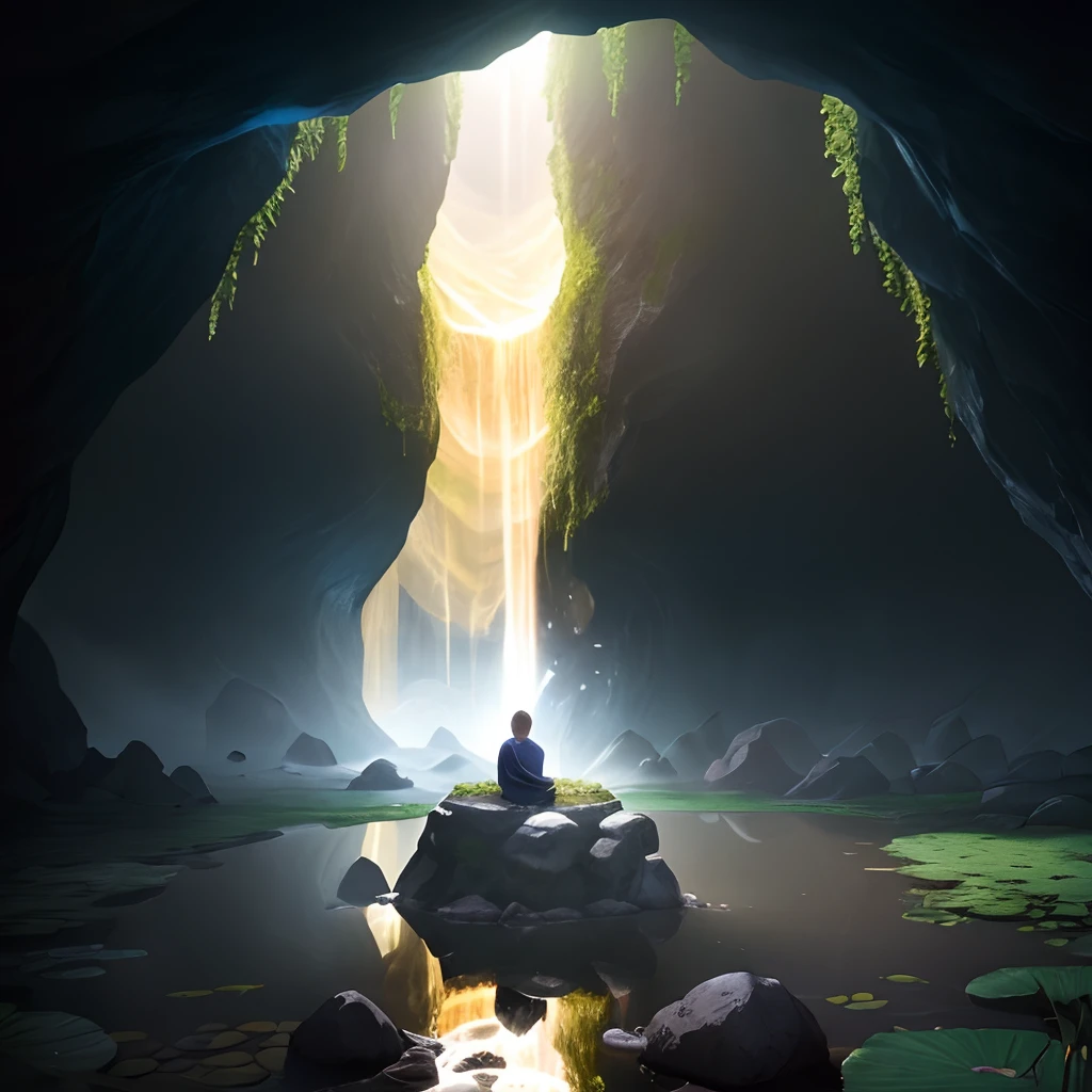 Hyper realistic, ray tracing, 8k, man meditating on a rock in the middle of a creek. He’s sitting quite inside a cave, facing the mouth of the cave. The mouth of the cave has vines flowing around. On top of the man is a small hole in roof of the cave from which golden bright light is falling directly on him. The hole has vines falling from it and is covered in lotuses. The mouth of the cave shows bright golden light in a rainy forest