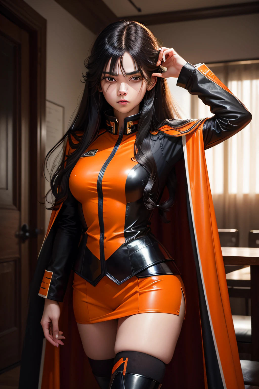 Black long-haired white 17-year-old girl wearing military uniform, Orange cape, Large hazel eyes, Sci-fi, Dark mood, charturnerv2