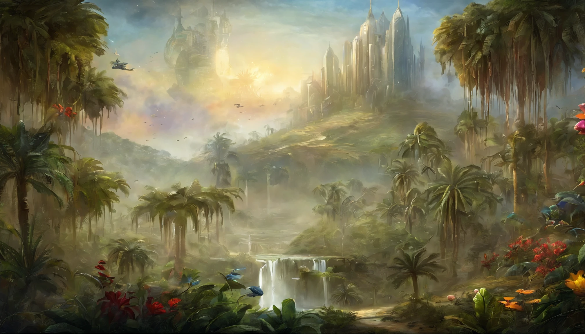 In a whimsical sci-fi world,The picture shows the two-dimensional sci-fi luxury academy scene。The picture shows three different environments:A desert、Rainforest and planetary sky。
The first is the desert environment,You can see the vast yellow desert spreading into the distance,There is silence and mystery。In the middle of the desert,There is a magnificent city school luxury complex towering into the sky,It adopts the architectural shape of science fiction style,It feels complex and futuristic。A jet of water erupts from a fountain on the roof,Reflected in the dazzling sun。
Then there's the rainforest environment,Behind the luxurious buildings of the city school, Lush rainforest stretches through。Towering trees and colorful flowers mingle with each other,and coconut trees swaying in the breeze。In this magical rainforest, You can also see alien corals growing on the trees,It adds fantasy and bizarre to the whole scene。
finally, There is a planetary sky environment,In the vast starry sky,The star ring band surrounds the entire picture。Colorful clouds float in the sky,Form beautiful patterns,White auroras also appear between the stars,Shining with a mesmerizing light。
Render the entire frame using ray tracing,The details are very fine,Each place shows a perfect composition and sci-fi complexity。This CG-rendered realistic painting gives a grand scene and visual impact,Let the viewer feel a wonderful and magnificent sci-fi world。