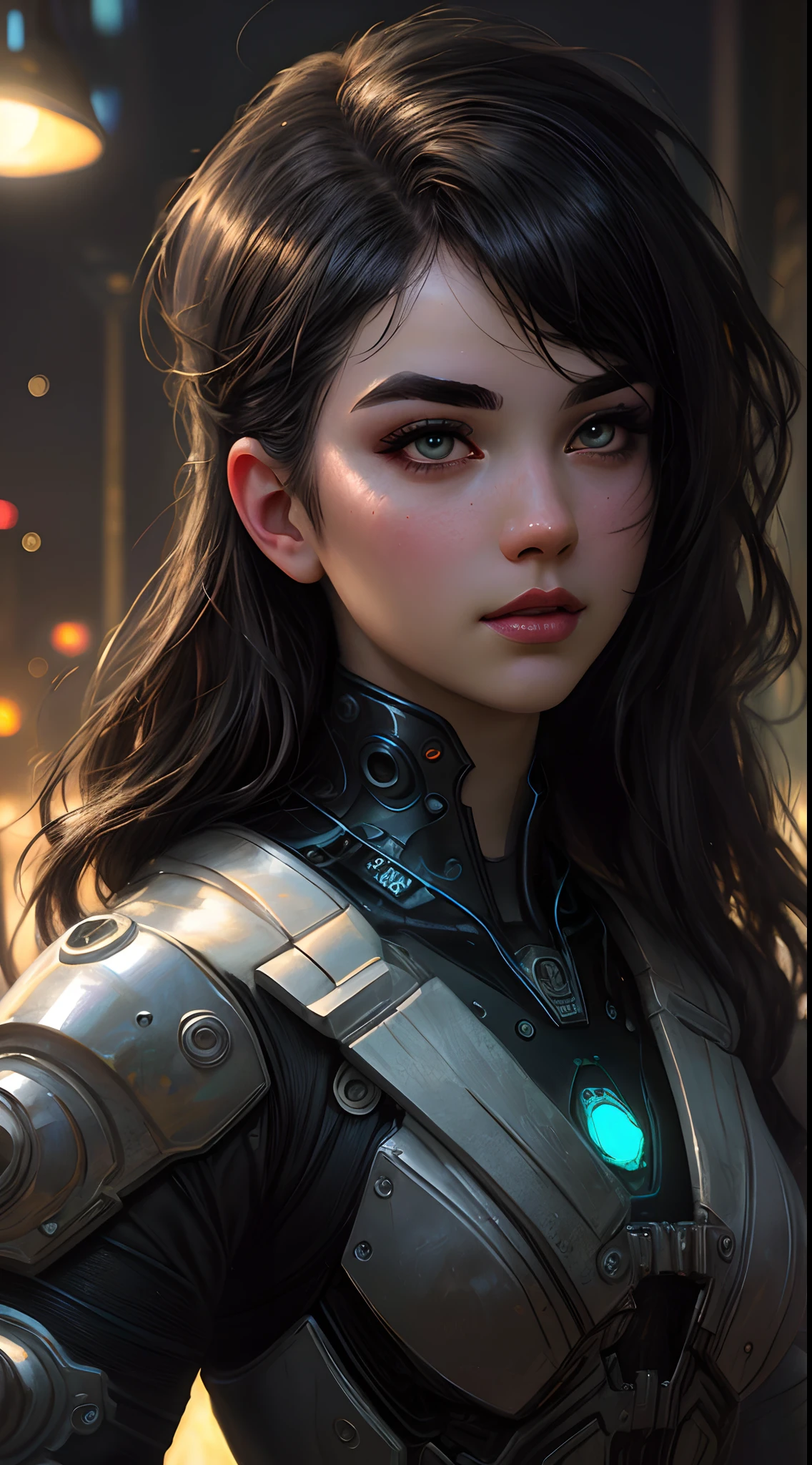 a cute 16 year old girl, highly detailed face, detailed eyes, long eyelashes, small nose, cute lips, flat chest, nude, dirty, high tech futuristic armor covering some bodyparts, destroyed post-apocalyptic city background, cinematic lighting, dramatic colors, intricate details, 8k, masterpiece, photorealistic