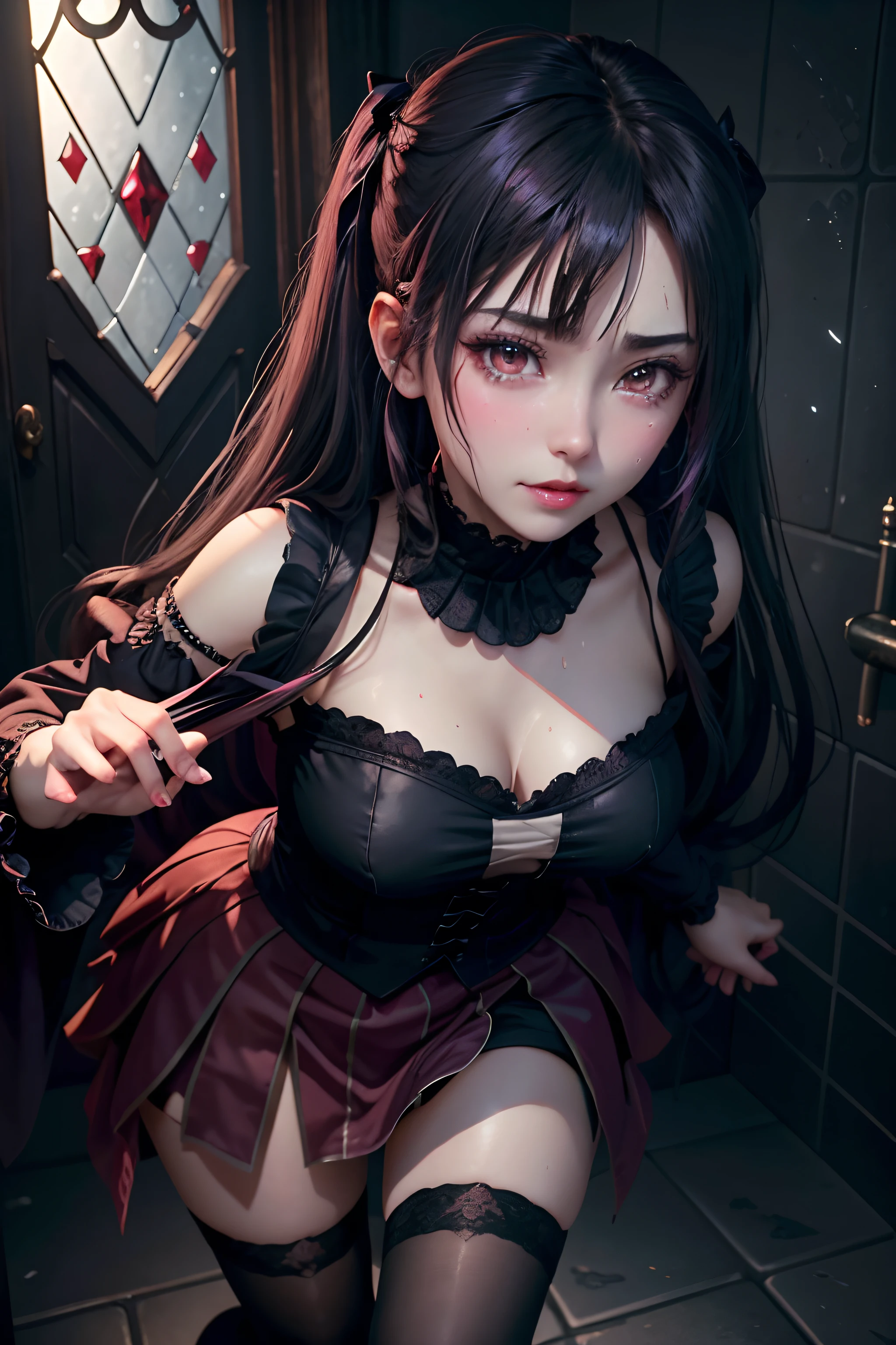 A sexy、A slight smil、garterbelts、knee high socks、panthyhose、Beautifying the world、Unhappy、Lament my night's fantasy、Transcendent beauty、Beautiful shape、wretched、ghosts、wraiths、Evil Spirit、Beautiful、boredom、Unusual beauty、Bewitching、Fornication、Hard Dark Gothic Makeup、Maniacal、Deep night sky、horor、twin-tail hair、Black Dark Eyeshadow、slaves、crying how bright、mourn、Sad songs、Good skin luster、Lace pink、Long hair straight hair、Dark Gothic Makeup、Dark smile、Restless Palace、Expressions of sexual arousal、Fragrant beauty、age19、carriage、Lying、seductiv、Strong sexual pleasure facial expressions、A look of shame、open one's legs、Dark Gothic、Gothic Long Dress、Gothic lolita、bright pink hair、masturbation、bell sleeves、Wizard Sleeve、Obscene look、Stained glass background、masutepiece、Best Quality、Ultra-detailed、Refers to 5 books、Sweat glitters on my chest、Glitter of sweat on your face、Glistening with huge amounts of sweat on my thighs、Expression of sexual pleasure in anguish、I'm sweating a lot、Drunken face、maid clothes、Nasty Woman、Mysterious、noble、Face holding back the toilet、Goth loli clothes、Black pretend skirt、from below looking up、to stand、The body is wet and shiny、Has a transcendent sex appeal、Sexy poses、Nasty poses、