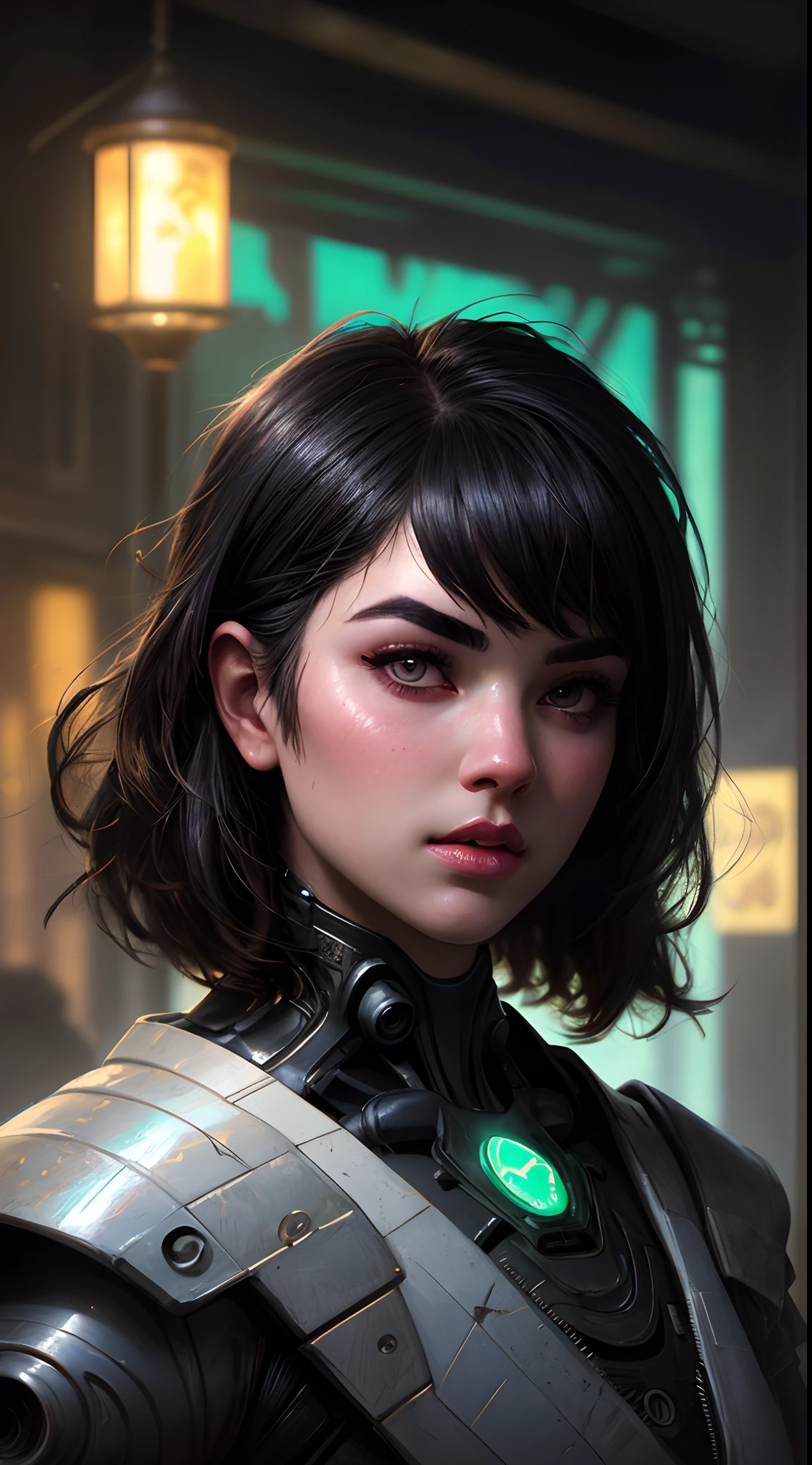 Stunning photorealistic portrait oil painting of 1 beautiful cyberpunk girl, white skin, black shapeless cyberpunk hair, ((((white eyebrows)))), baroque intricate cyber armor, solo, hyperdetailed painting, luminism, Bar lighting, complex, white eyebrows, 4k resolution concept art portrait by Greg Rutkowski, Artgerm, WLOP, Alphonse Mucha, realistic fantasy, fractal isometrics details bioluminescence, beautiful awesome, intricately detailed, cinematic, trending on artstation | Isometric | Centered hypereallistic cover photo awesome full color, dark, gritty, realistic, Alphonse Mucha, Gustav Klimt