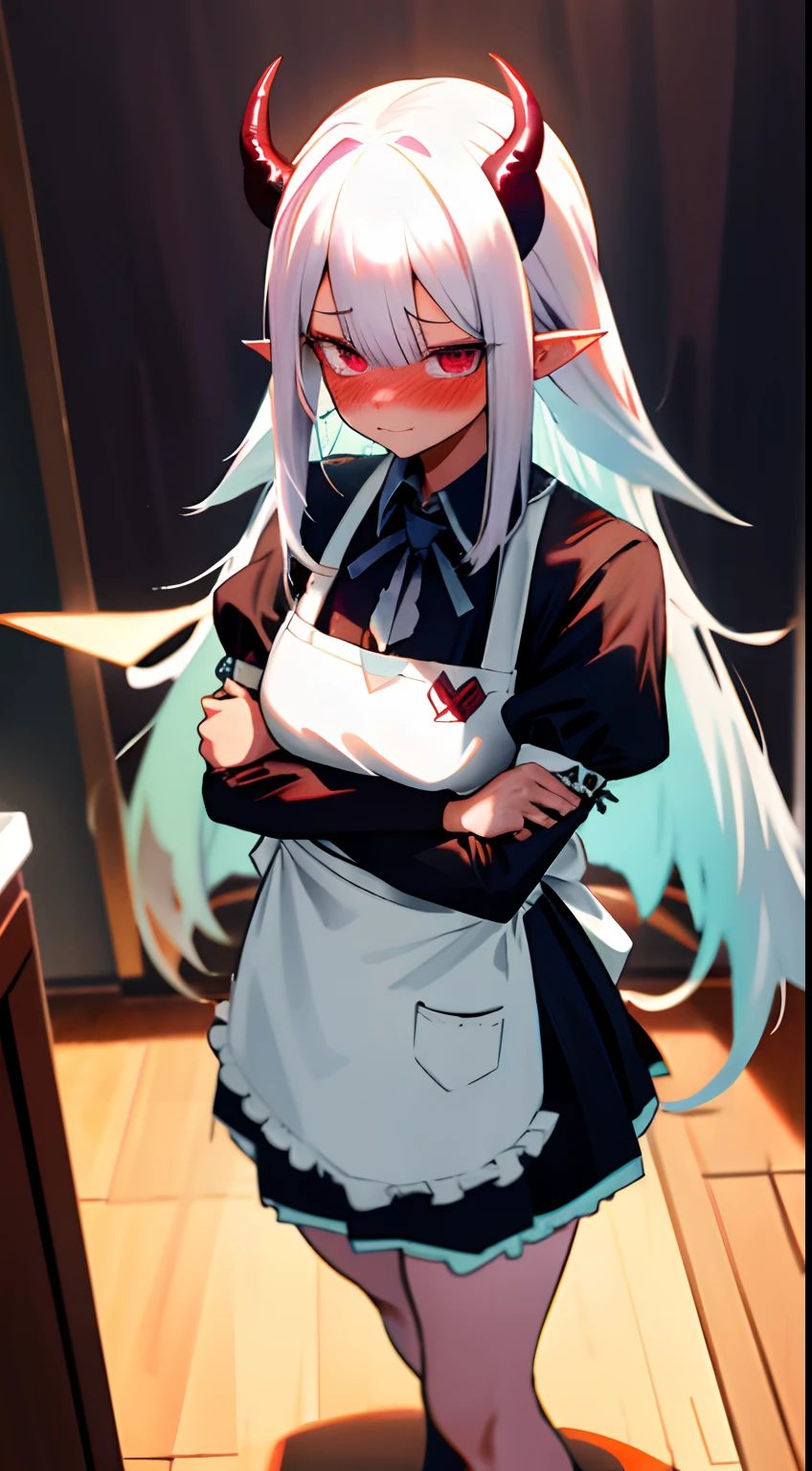 One girl with long hair, white hair, looking at viewer, embarrassed, blushing, indoor , apron, kitchen, thigh, pointy ears, demon wings, demon king, demon horn, standing, sexy pose, perfect body, perfect waist