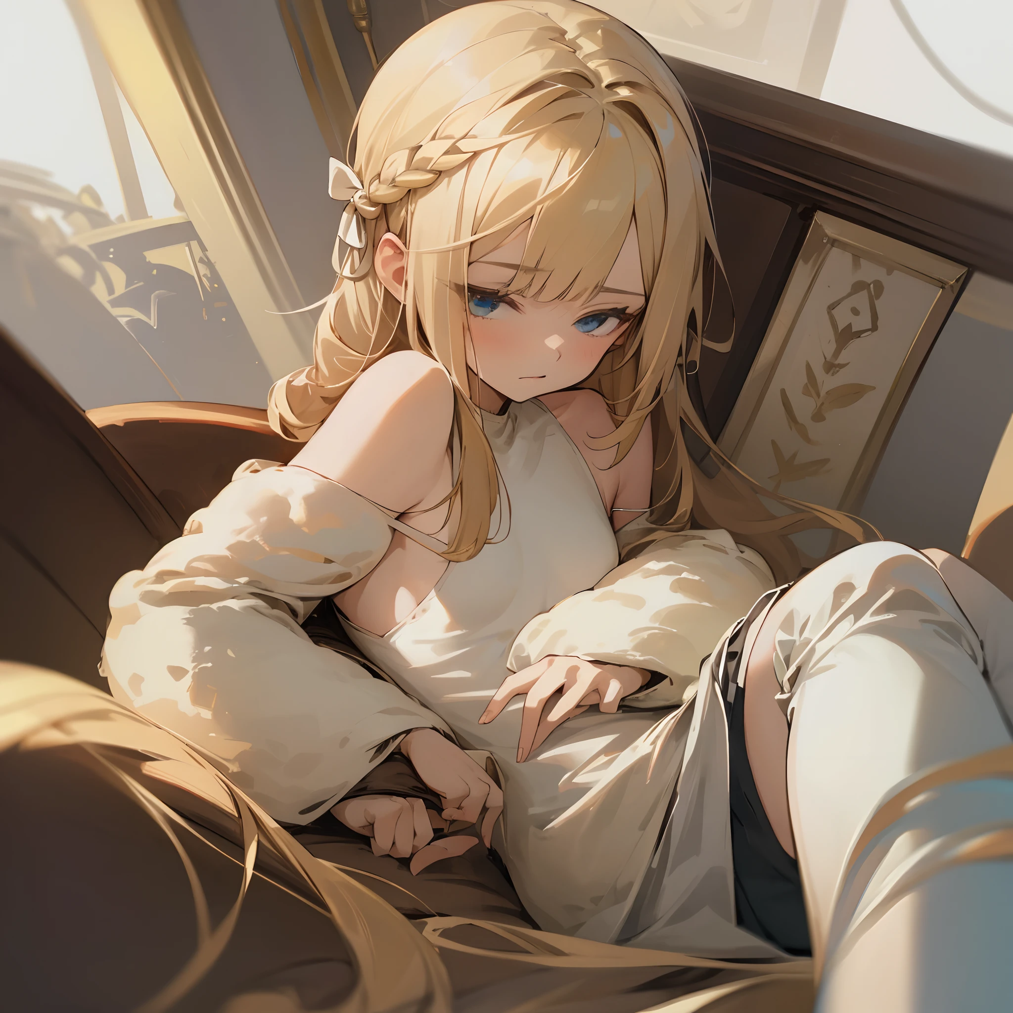 Reines, 1girl, high quality, best quality, illustration, masterpiece, (highly detailed:1.2), (extremely detailed:1.3), small breasts, bare shoulders, young girl, boa fleece loungewear, white pajamas, string ribbon, shortpants, braid, petite, ****, in a house