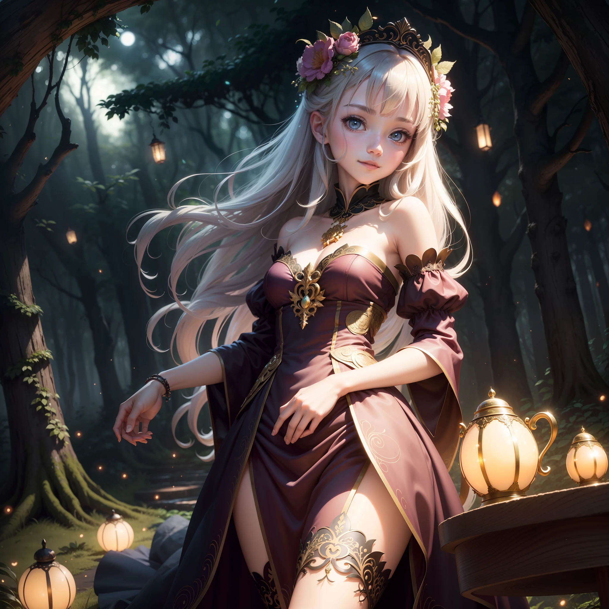 1girl in, ,,Symper Smile, high-definition picture, femele, Her hair was decorated with glowing fireflies, Enchanted and sparkling eyes. Wearing a moonlight gown, She is a tree々stands in a mysterious forest that comes to life. The scene, Bask in the ethereal glow of fireflies, Capture in the style of Magic Forest artwork., (masutepiece, Best Quality, Official art,Intricate details:1.2)
