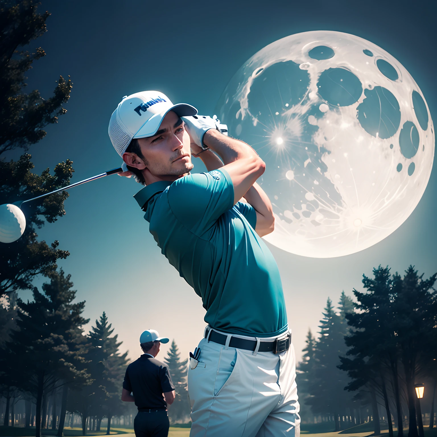 A man playing golf in moon with his alien friends