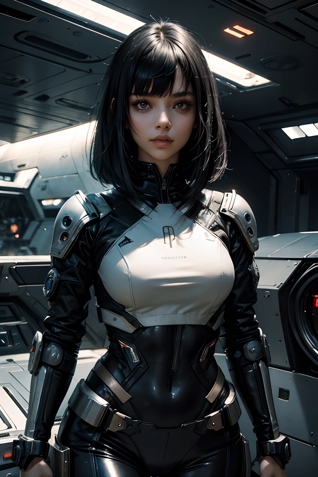 A beautiful woman. Full body image. She has black hair with bangs cut neatly on her forehead. She wears a metallic, body-fitting combat uniform. She's inside a small spaceship. 8K image quality. Cyberpunk style.