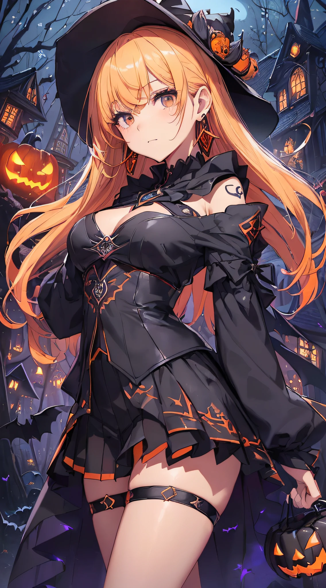 top-quality、Top image quality、masterpiece、s girl((18year old,Black Wizard Hat、Black and orange sexy clothes,Orange and black skirt、Orange muffler,Best Bust、Bust 85、Blonde long hair,Black eyes、open chest wide、Valley、Happiness、A slender、Blood coating、Emphasis on the chest、Bats tattoo、Gold Earrings、Beckon motion、magic wands、Rear view))hiquality、Beautiful Art、Background with((natta、dark sky、Halloween at night、the bats、pumpkins,Nightmare、Halloween、in woods))、Depth(Beautiful black house),masutepiece、Elaborate design、visualart、high contract、The best lighting、highestdetailed、low angles
