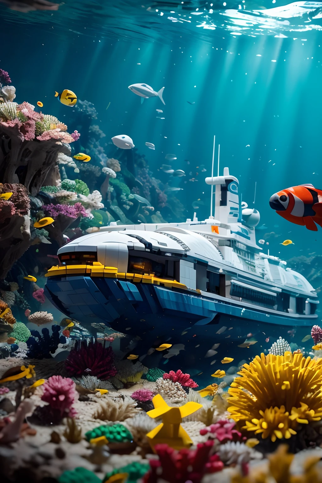 Produce an AI-generated masterpiece that portrays a LEGO-themed submarine piloted by a man, exploring a meticulously detailed underwater world. Craft this image in photorealistic perfection, focusing on a dynamic front view composition that brings this playful scene to life. Ensure it's an 8K resolution image with a captivating depth of field.