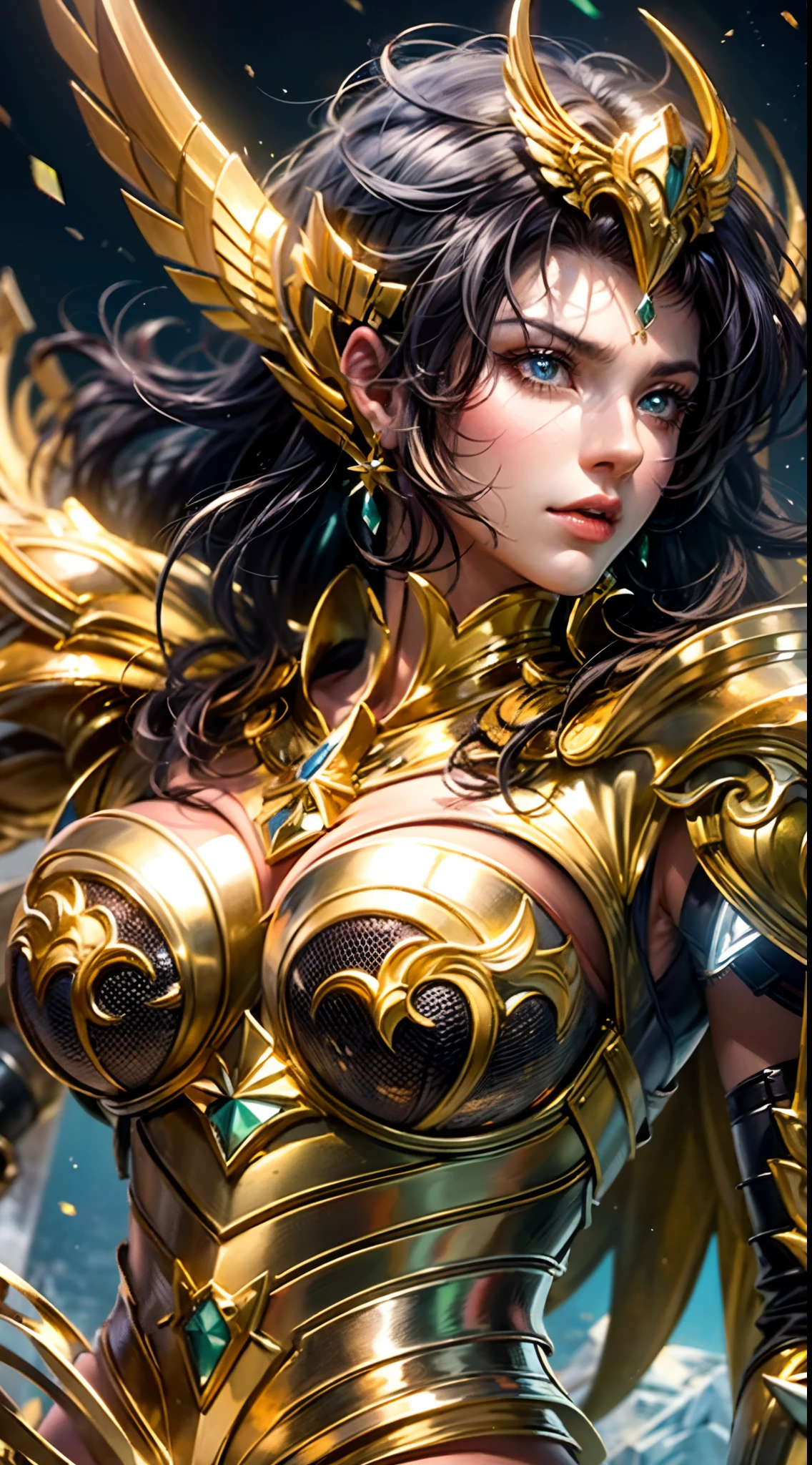 a beautiful female saint seiya, seductive body,In a bright movie light, a highly detailed depiction of Saint Seiya in their iconic Gold Armor stands out. The armor shines brilliantly with a realistic and hyper-realistic level of detail, accentuating every piece and intricacy. The Saint Seiya character stands tall, emanating a sense of power and determination, with their eyes gleaming and their lips delicately carved. The entire scene is set against a clean background, allowing the viewer's attention to be solely focused on the protagonist and their gold armor. The universe serves as the backdrop, with nebulae and stars filling the sky, creating a sense of awe and grandeur. The colors in the scene are bright and vivid, contributing to the overall visual impact. The lighting is expertly executed, highlighting the protagonist and capturing the essence of the original Saint Seiya series. The image is of the highest quality, with a resolution of 8k, ensuring every minute detail is visible. This artwork is trending and showcases the talent of the artist in creating a highly detailed and visually captivating representation of Saint Seiya in their Gold Armor.