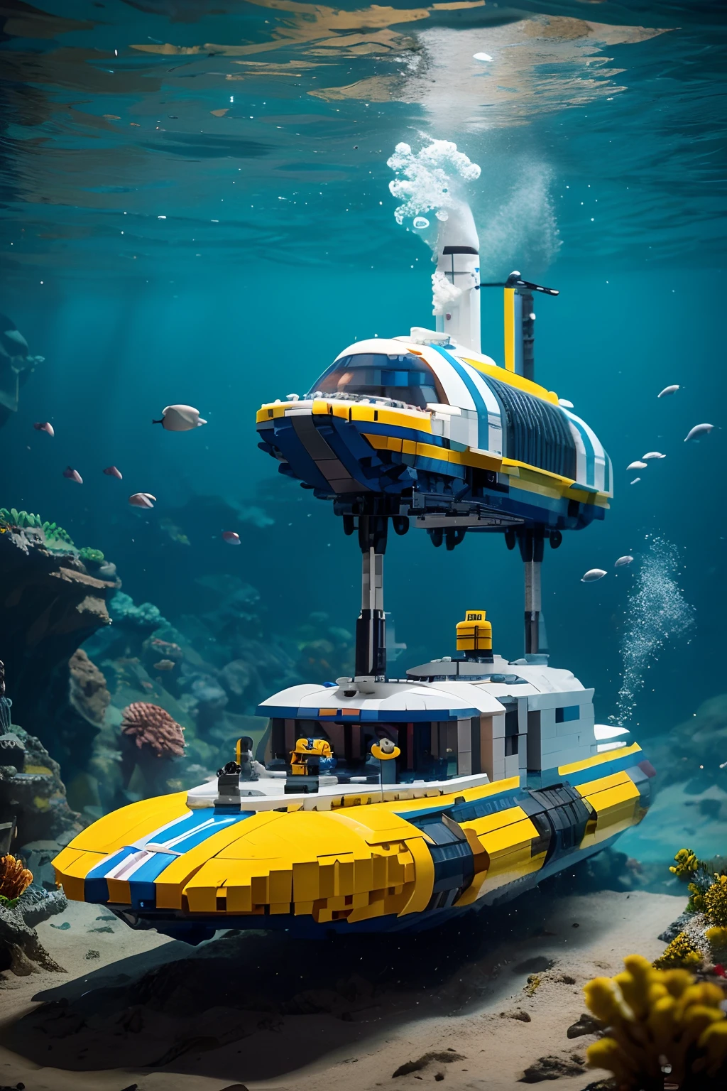 Produce an AI-generated masterpiece that portrays a LEGO-themed submarine piloted by a man, exploring a meticulously detailed underwater world. Craft this image in photorealistic perfection, focusing on a dynamic front view composition that brings this playful scene to life. Ensure it's an 8K resolution image with a captivating depth of field.