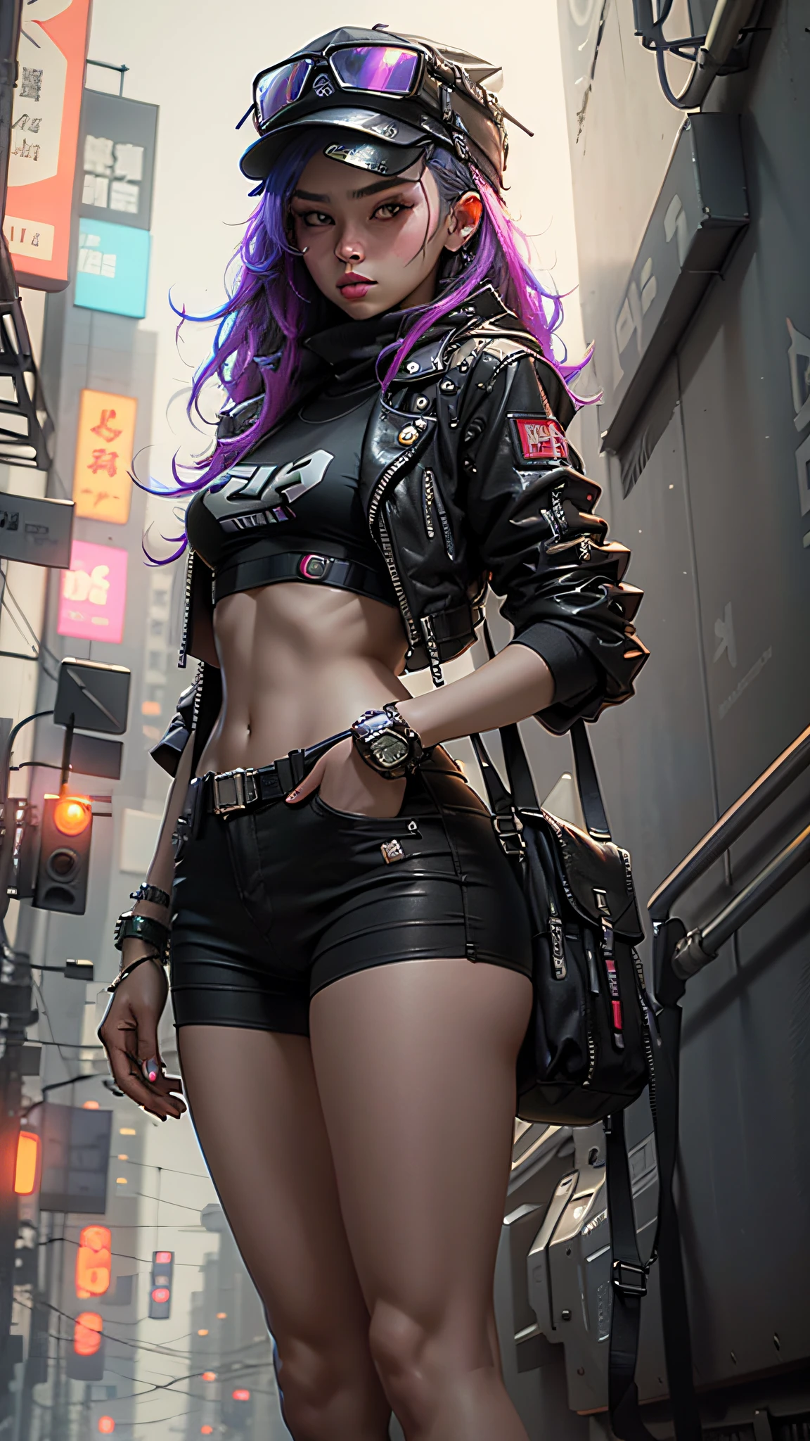 Beautiful woman colored hair, sitting spread leg, wearing small tiny black silk thong, massive cyberpunk belt, high combat military neon boots, muscular, cyberpunk style realistic detailed