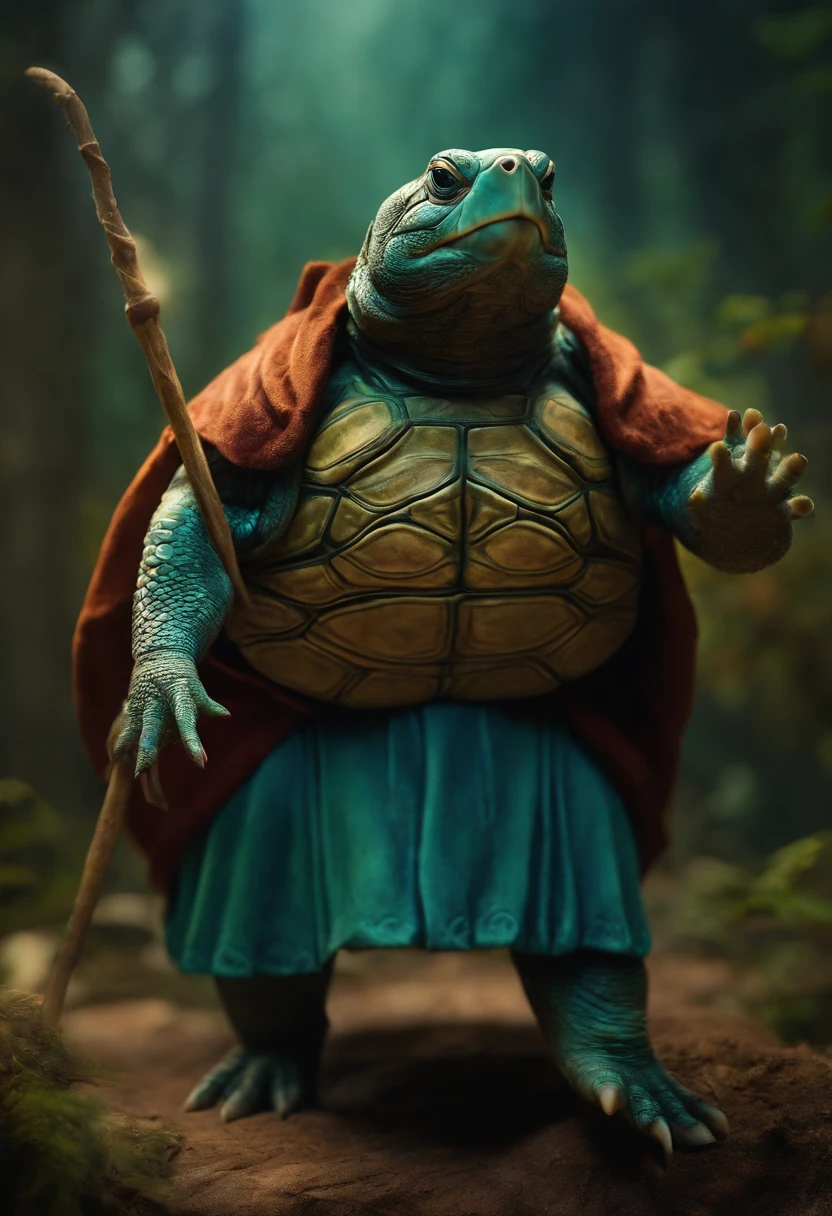 Fat Turtle standing on hind legs, staff in one hand wile holding a spell in the other