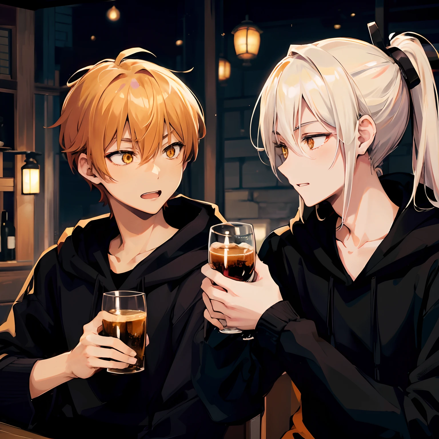 Japanese anime, two beautiful young men, long eyes, one with short blond hair and orange eyes, the other with long white hair in a ponytail and yellow eyes, toasting in a tavern, dressed, black hoodie, black shirt, sit facing each other, laugh,
