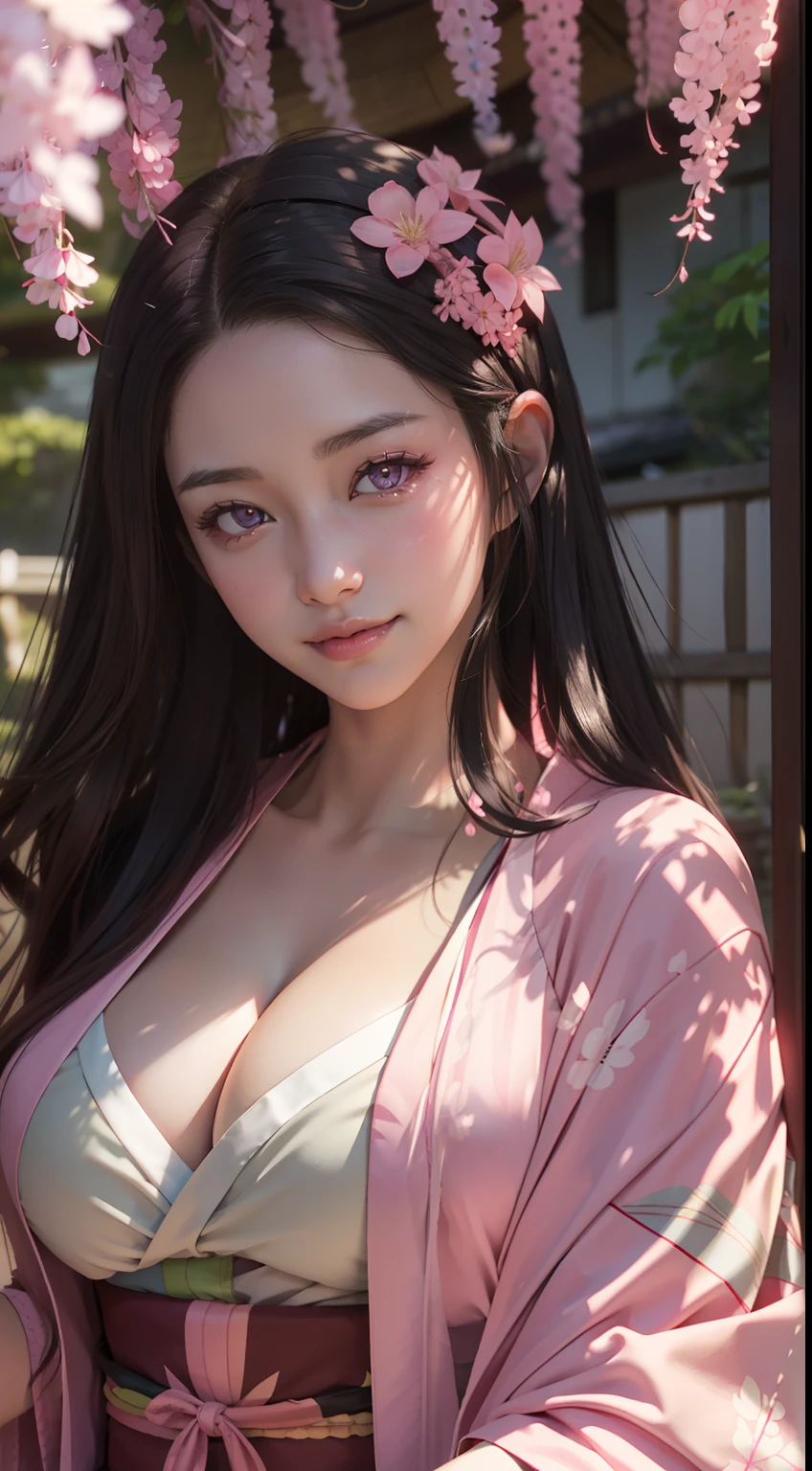 masutepiece, (Pink kimono), Seductive face, large breasts with cleavage,ssmile,sportrait,good lighting, masutepiece, Glowing eyes, 1girll, Black hair, on the face, Nezuko Kamado, wisteria background, Best Quality,