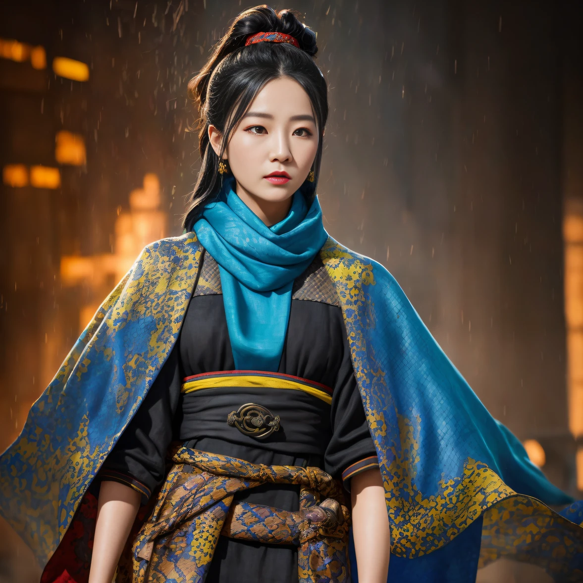 8K quality,1 girl,Backstreets,Side 32K,exteriors,Roof,People are small(tmasterpiece,k hd,hyper HD,32K)Long flowing black hair,Tang dynasty complex,zydink, a color,废墟(canyons), (Linen batik scarf), Combat posture, looking at the ground, Linen bandana, Chinese python pattern long-sleeved garment, 废墟(Abstract gouache splash:1.2)(realisticlying:1.4),Black color hair,The dust is blowing,, ultra-realistic vivid textures, Dramatic lighting, Unreal Engine Art Station Trend, cinestir 800,Flowing bright yellow hair,(((National style building)))Full body side 8K picture quality,1 girl,Backstreets,Lateral face(tmasterpiece,k hd,hyper HD,32K)Long flowing black hair,Tang dynasty complex,zydink, a color,废墟(canyons), (Linen batik scarf), Combat posture, looking at the ground, Linen bandana, Chinese python pattern long-sleeved garment, 废墟(Abstract gouache splash:1.2), Dark clouds lightning background,Flour flies(realisticlying:1.4),Black color hair,, RAW photogr, Sharp Re, Nikon D850 Film Stock Photo by Jefferies Lee 4 Kodak Portra 400 Camera F1.6 shots, Rich colors, ultra-realistic vivid textures, Dramatic lighting, Unreal Engine Art Station Trend, cinestir 800,floated hair,(((National style building)))Full-body side