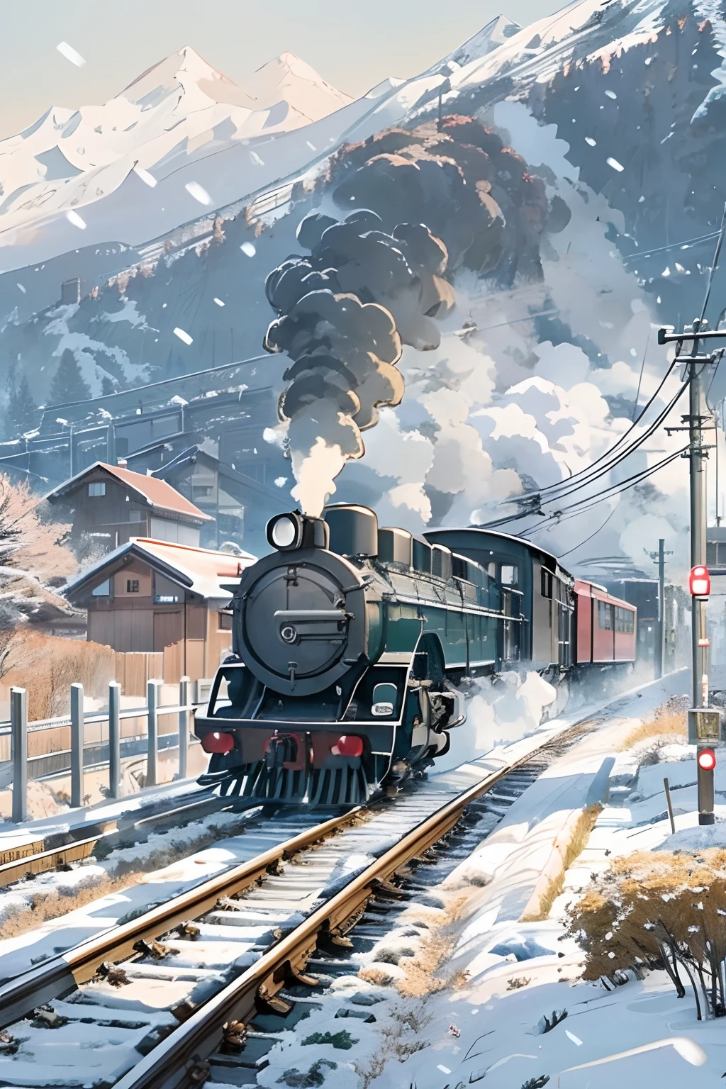 Locomotive with smoke in the center、headlight、Japan countryside、Cinematic scenery、Ghibli、Very snowy、snow blowing、snow cover、masutepiece,Best Quality,Sketch style、