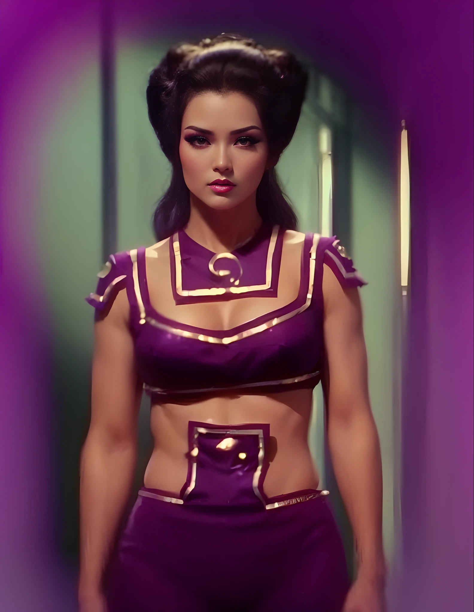 Bodacious seductive Oriental woman, purple & neon green eye makeup, elaborately coiffed black hair with large side rolls, wearing space bikini genie harem outfit, 4K, cinematic, hyper-sharp, hyper-realistic, hyper-detailed, symmetrical, "100% anatomically correct", octane render