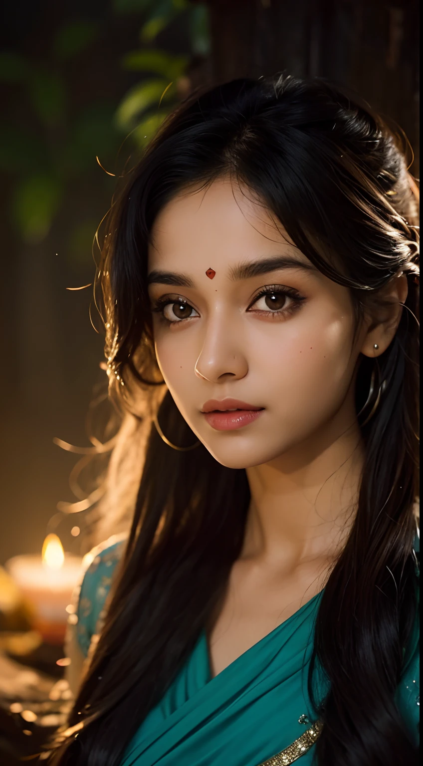 Beautiful photograph of Nilima Simran, fantasy background, wolf behind, fireflies, misty, natural lighting, perfect face, perfect eyes, perfect lips,