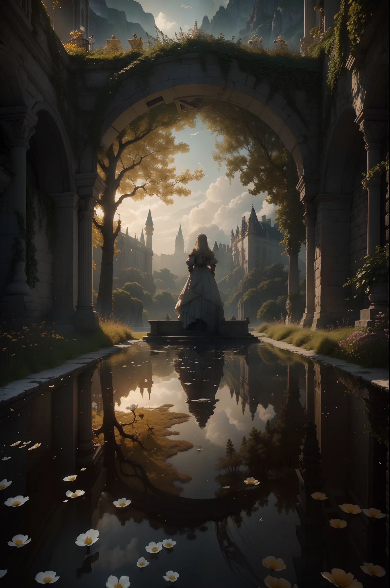 Flowers like castles from a golden spring tower over a beautiful Lady fare, in the spring of eternal sun she bathes her alabaster form to a symphony of trumpeter swans the flay in the sunbeam shy of assure and cotton cloud A extreme 90 meters long shot octane render, high quality hyperdetailed 24k photorealistic