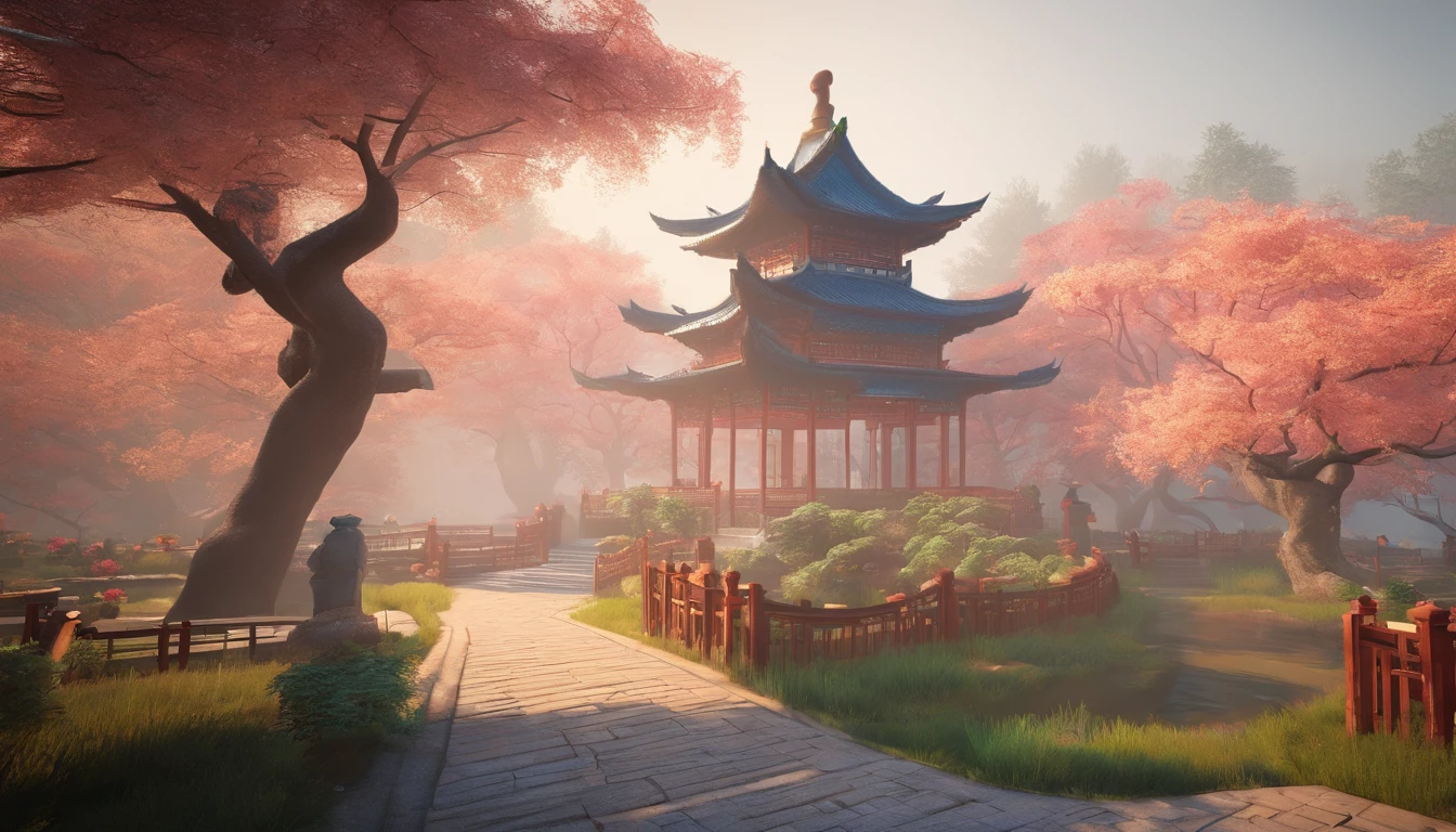 A wonderland of Chinese style, Peach grove in the woods, Shrouded in fog